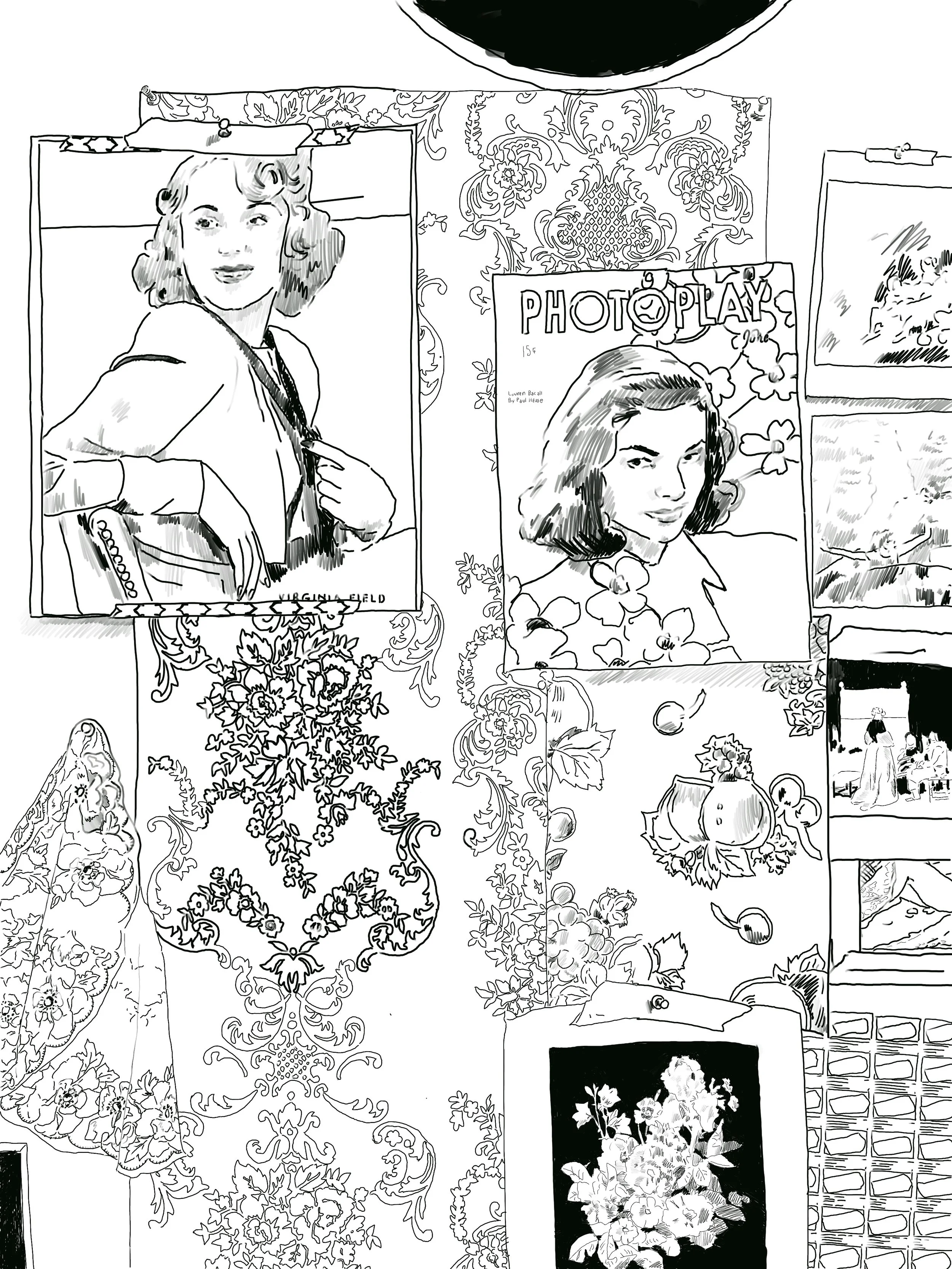 Studio Wall with Lauren Bacall and Wallpaper / 2019 / digital drawing / print 30 x 40 in