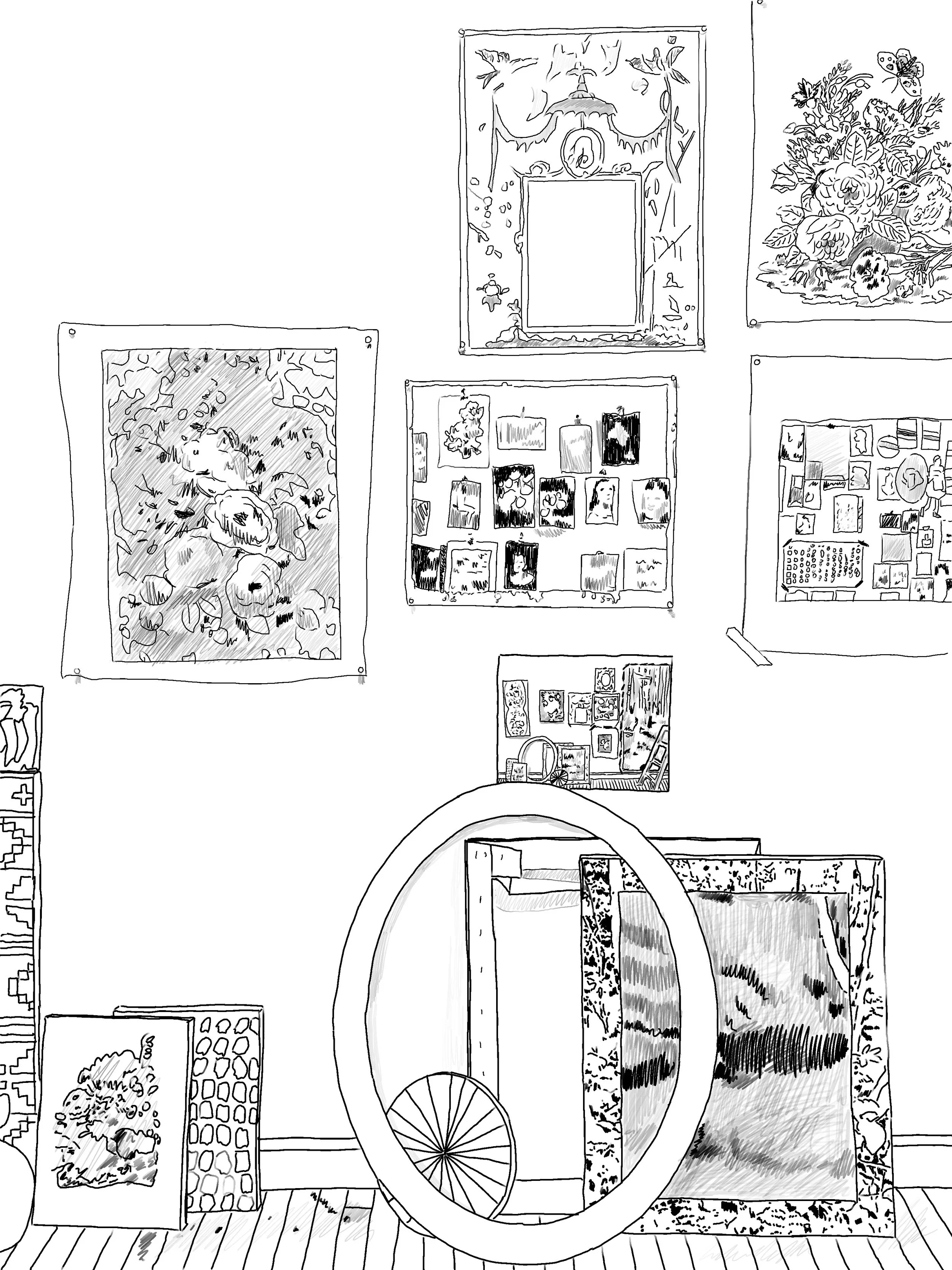 Arrangement of Pictures in Studio with Oval Stretcher / 2019 / 22 x 30 in / Digital Drawing