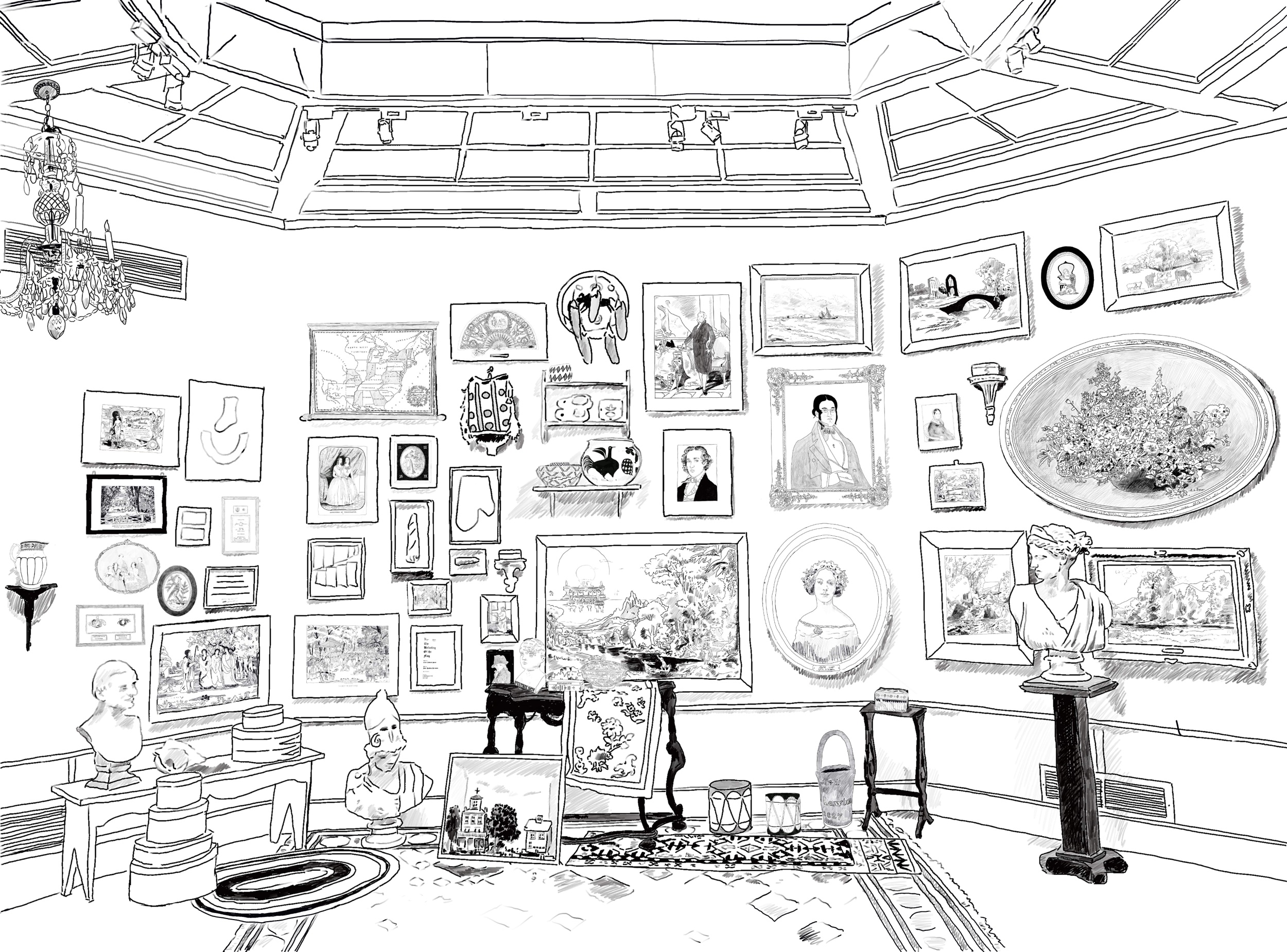 Drawing of Fruitlands Museum Salon Style Installation of “A New England State of Mind Pioneering Collector Clara Sears” curated by Shana Dumont Garr 2019, Digital Drawing (presented mounted on Komatex with a Plexiglass face), 22 x 30 in Edition of 10 / Brochures to navigate museum space during the run of the show