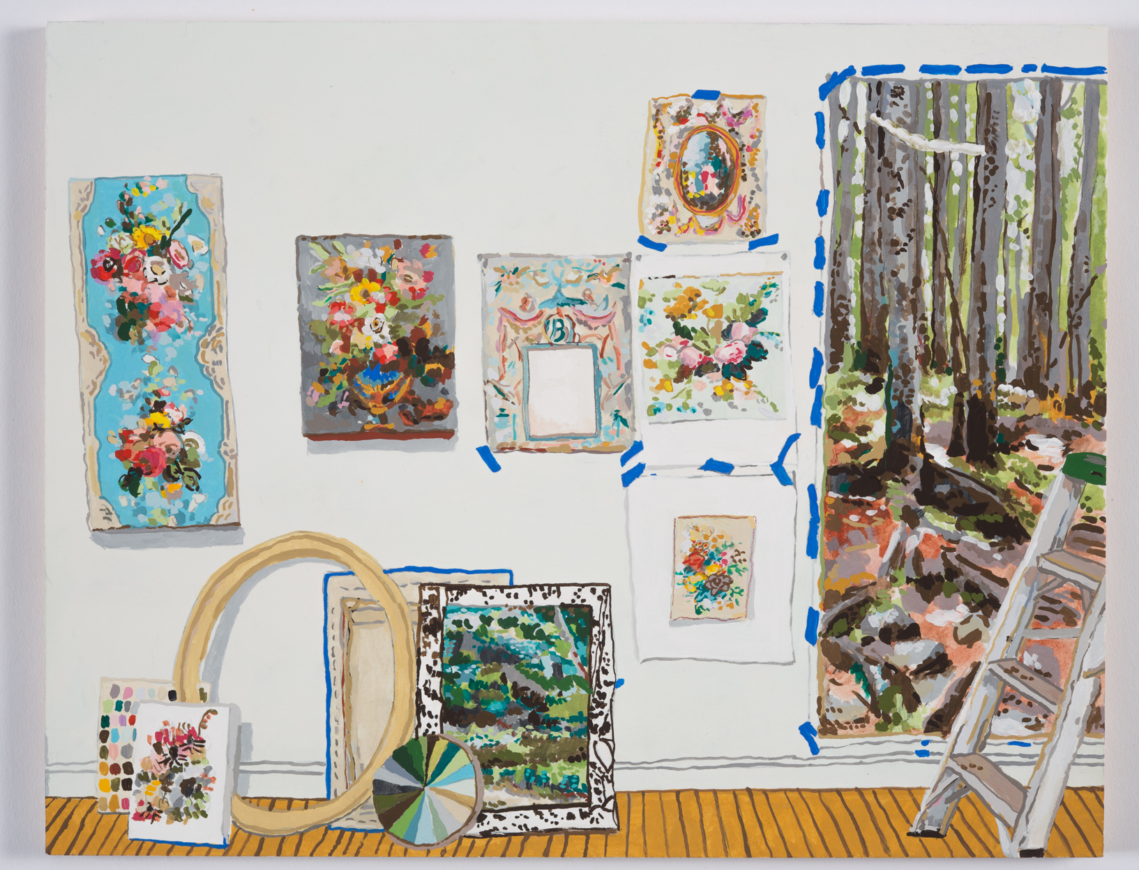 After Studio Wall with Leaning Paintings and Ladder 2019 Gouache on paper on panel 11 x 14 in
