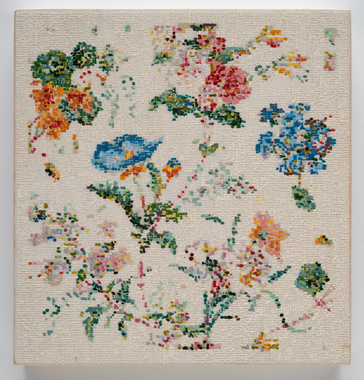 After Floral Embroidery with Nasturtiums / Private Collection / Acrylic Gouache and Acrylic on Duralar on Panel / 8.5 x 8.5 in / 2021