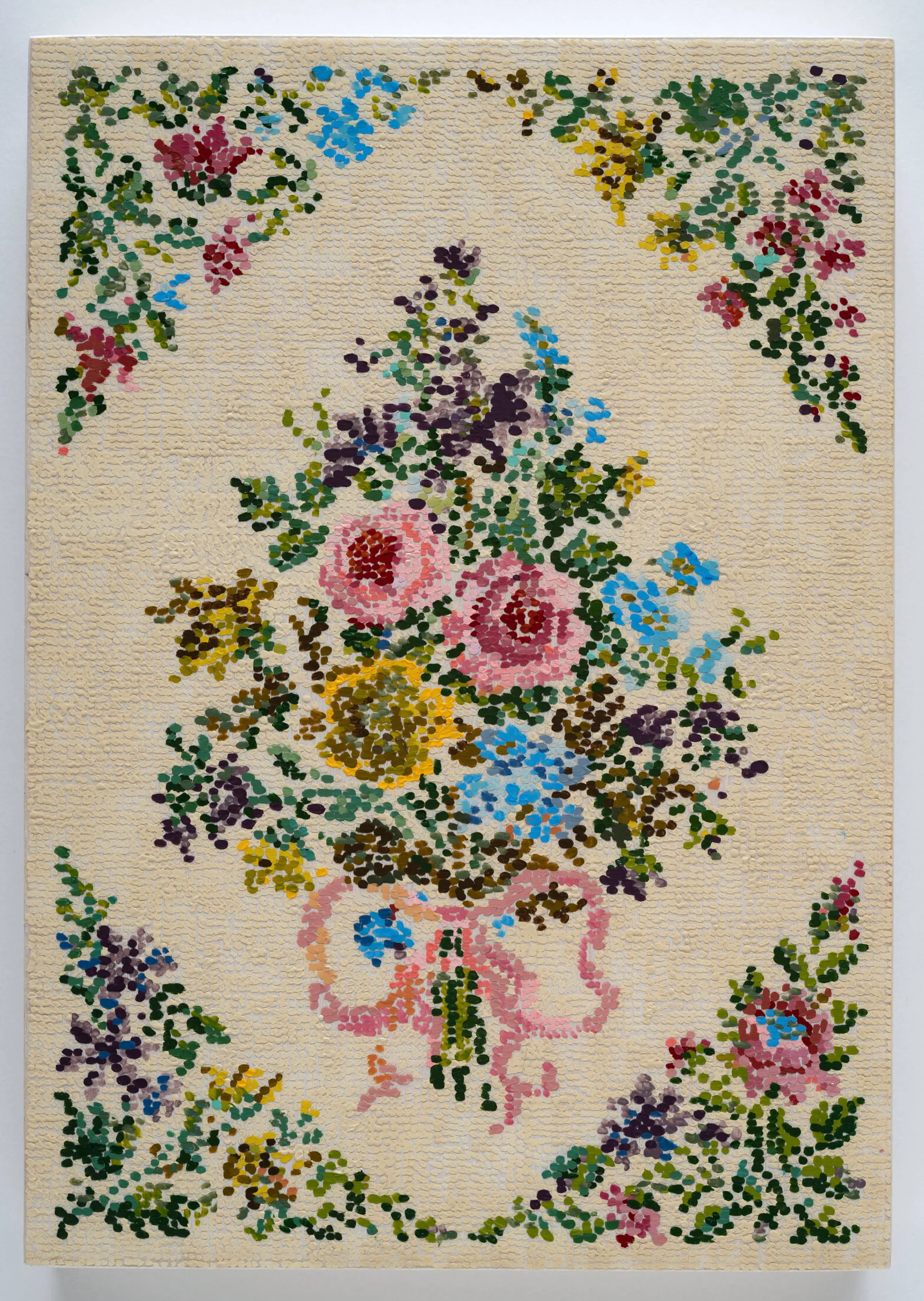 After Floral Embroidery with Pink Ribbon / 2021 / Acrylic gouache and acrylic on duralar on panel / 10 x 8 in / Private Collection