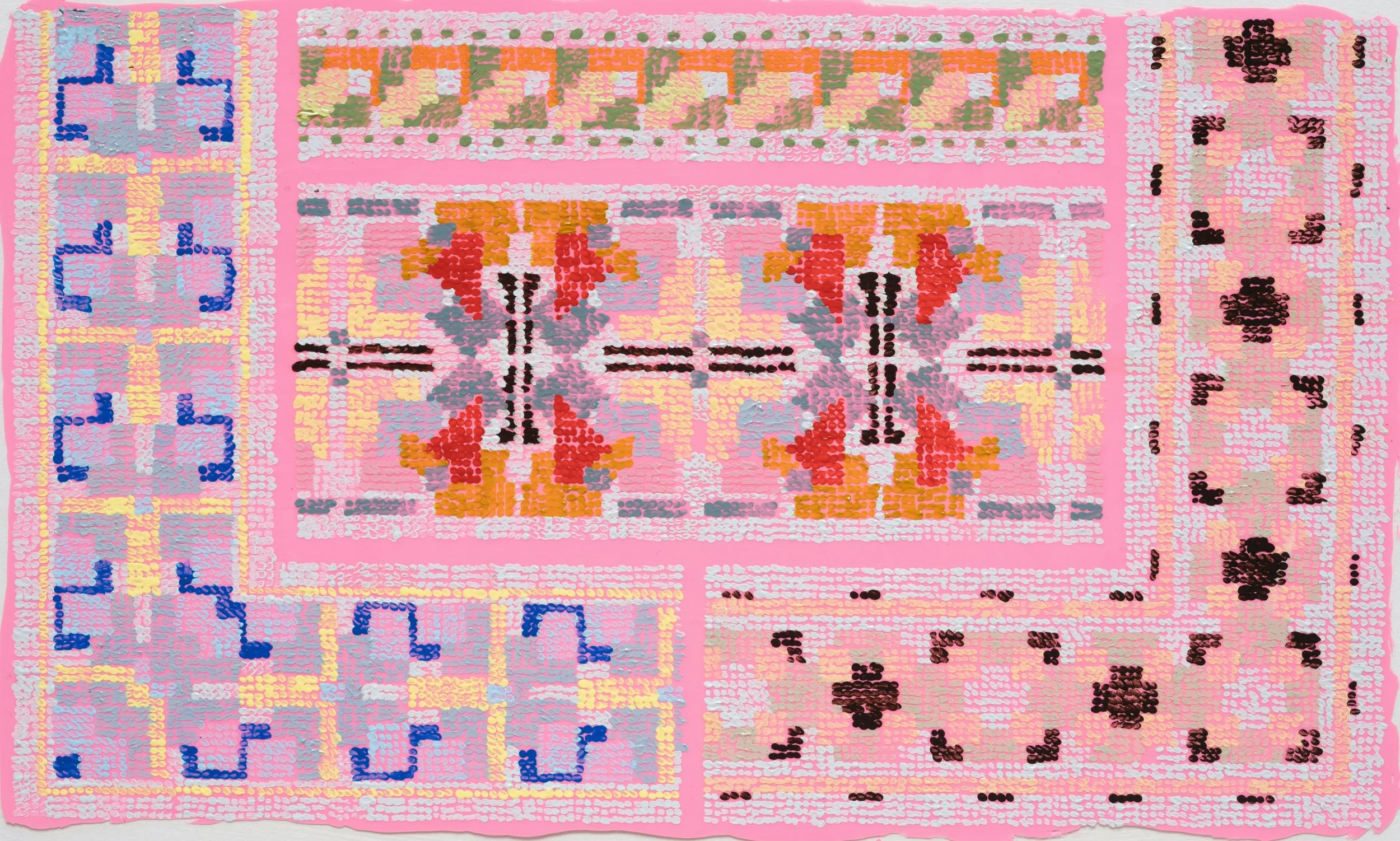 After DMC Pattern Hot Pink / 2025 / acrylic and acrylic gouache on duralar on pane /l 5.5 x 9.375 in / Private Collection