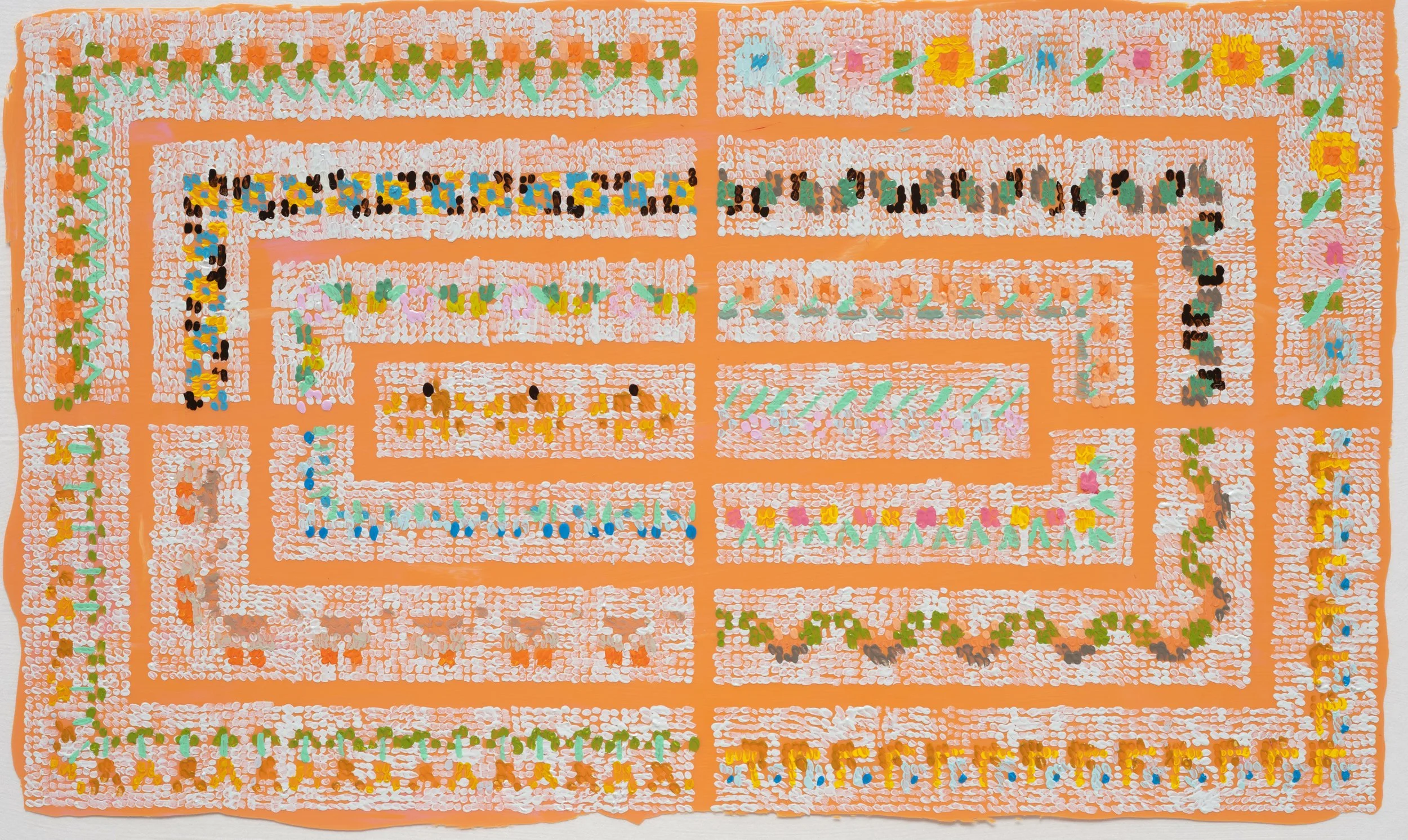 After DMC Pattern Orange / 2025 / acrylic and acrylic gouache on duralar on panel / 5.5 x 9.25 in