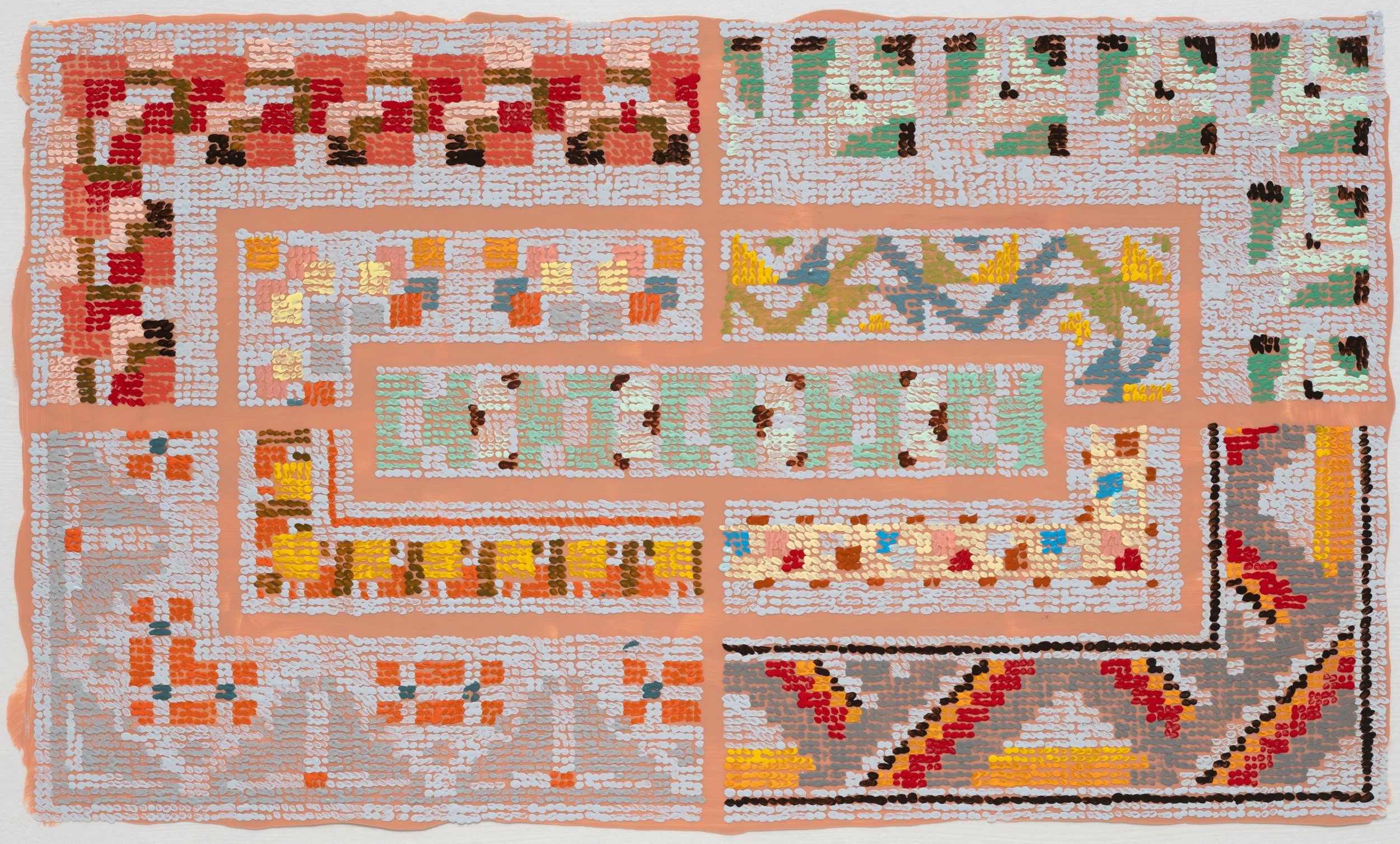 After DMC Pattern Orange Zigs / 2025 / acrylic and acrylic gouache on duralar on panel / 5.5 x 9.25 in / Private Collection