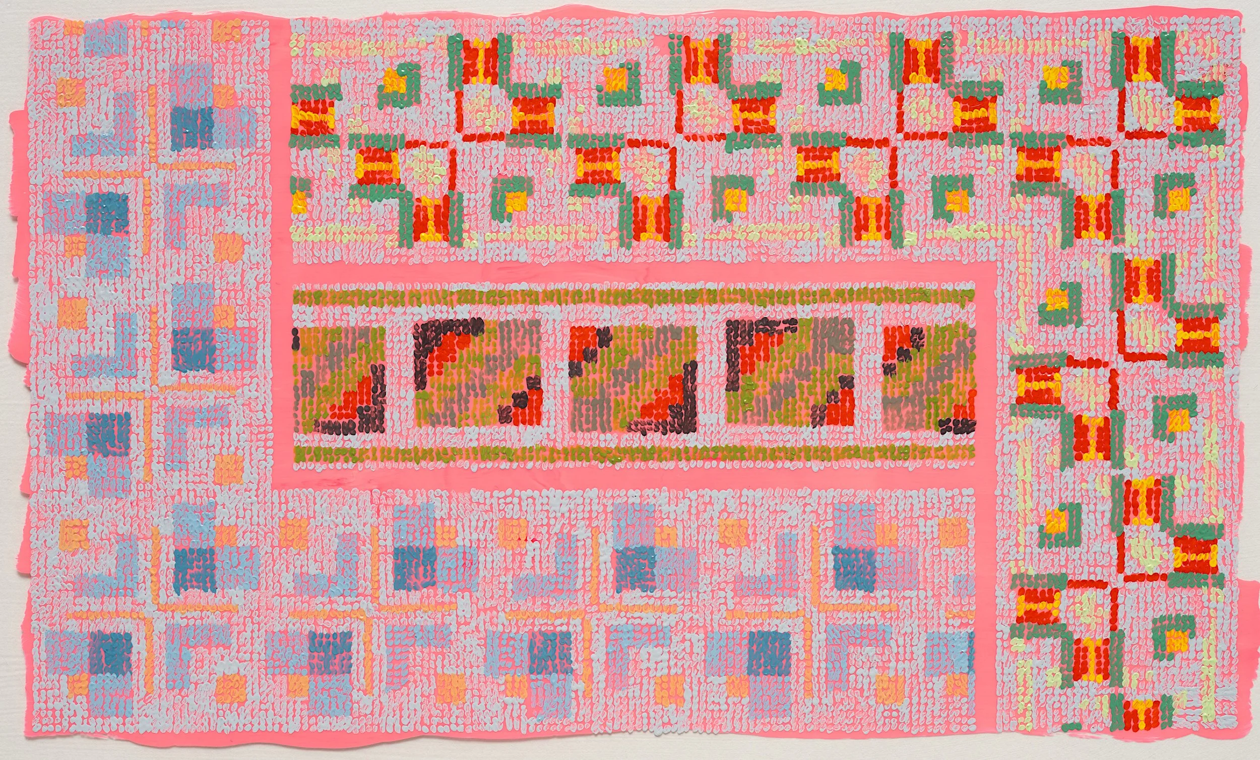 After DMC Pattern Pink Diagonals / 2025 / acrylic and acrylic gouache on duralar on panel / 5.5 x 9.25 in