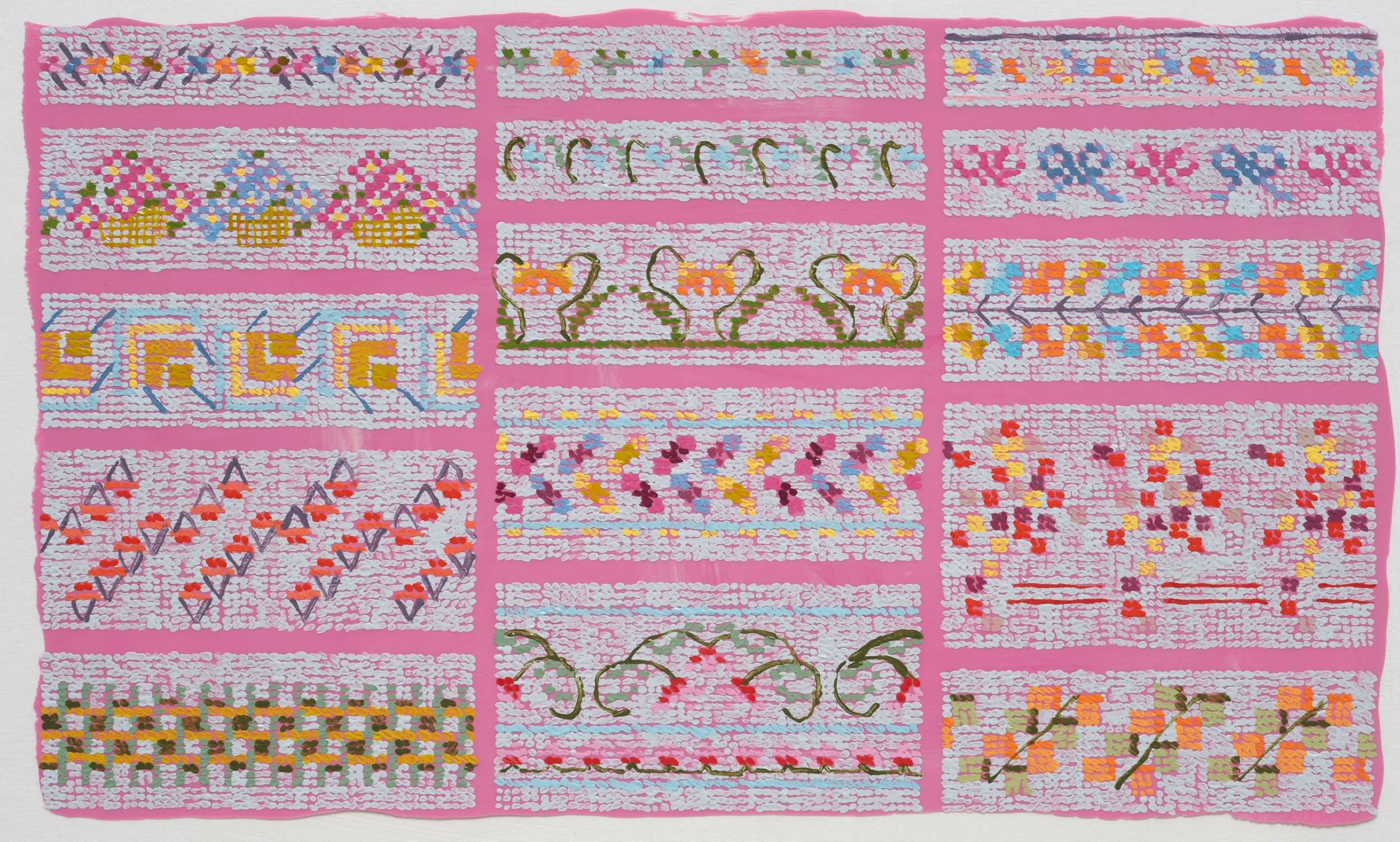 After DMC Pattern Soft Pink / 2025 / acrylic and acrylic gouache on duralar on panel / 5.5 x 9.25 in