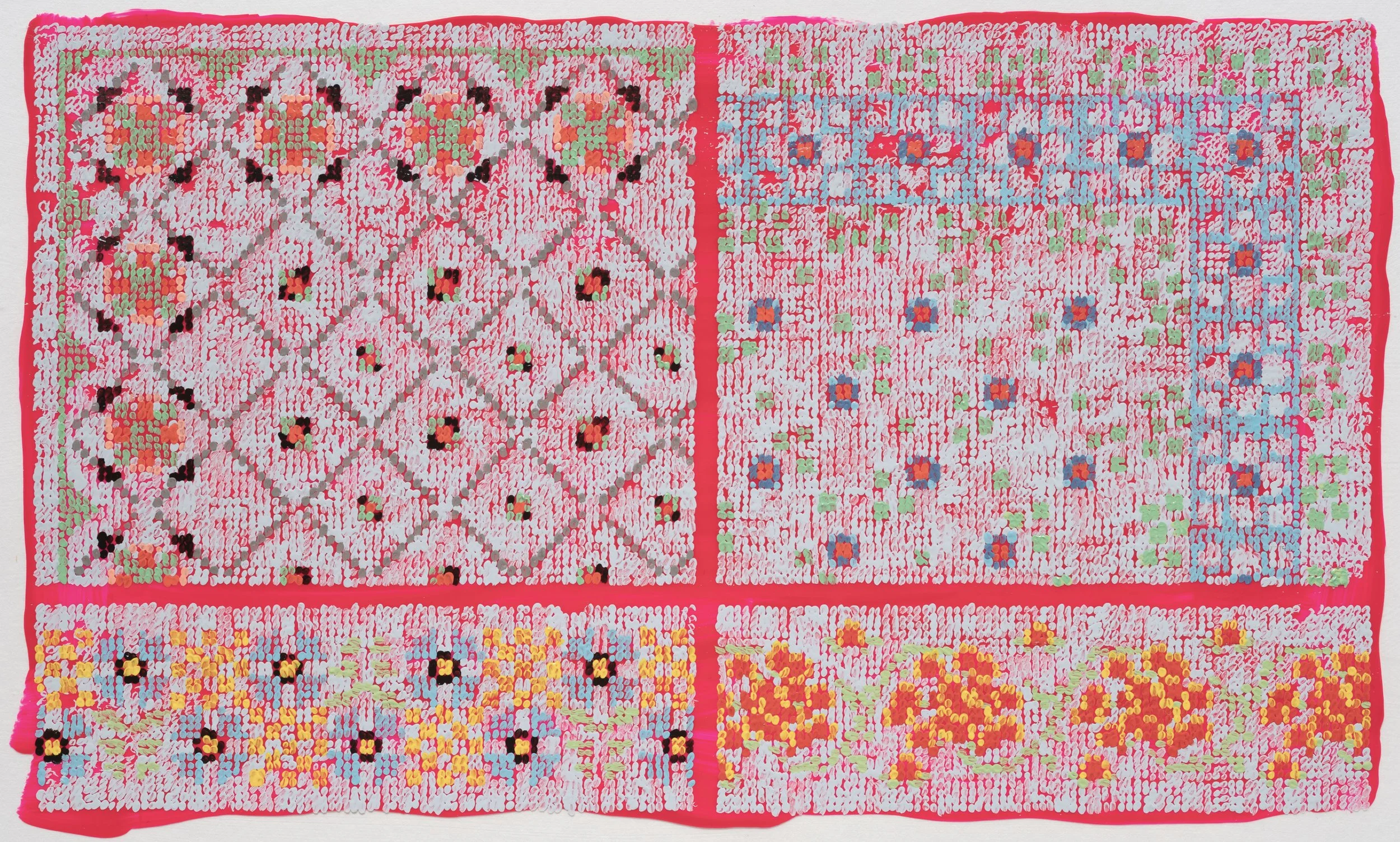 After DMC Pattern Fuschia Cross / 2025 / acrylic and acrylic gouache on duralar on pane /l 5.5 x 9.25 in