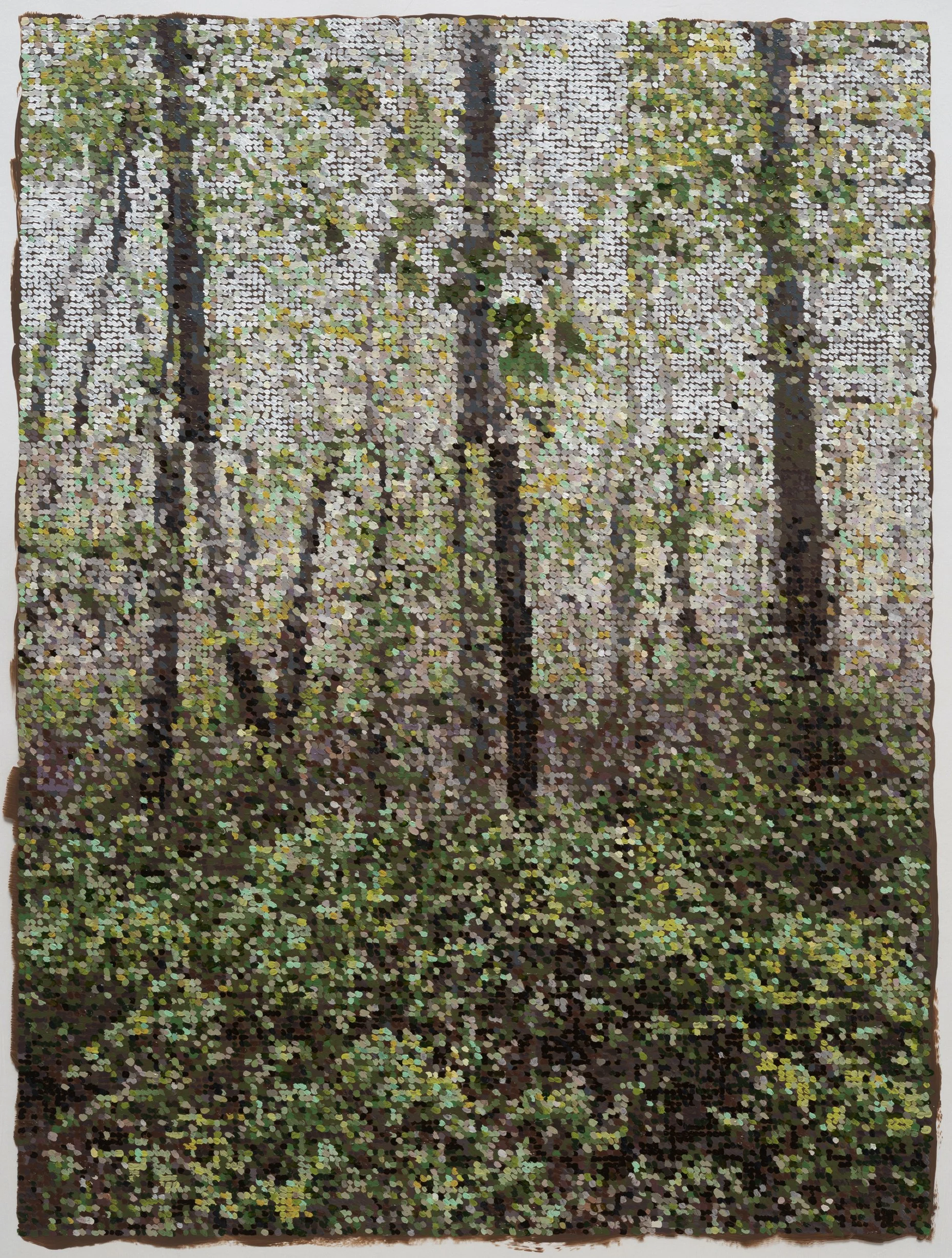 Glitch Woods / 2025 / Acrylic and acrylic gouache on duralar on panel / 25 x 19 in