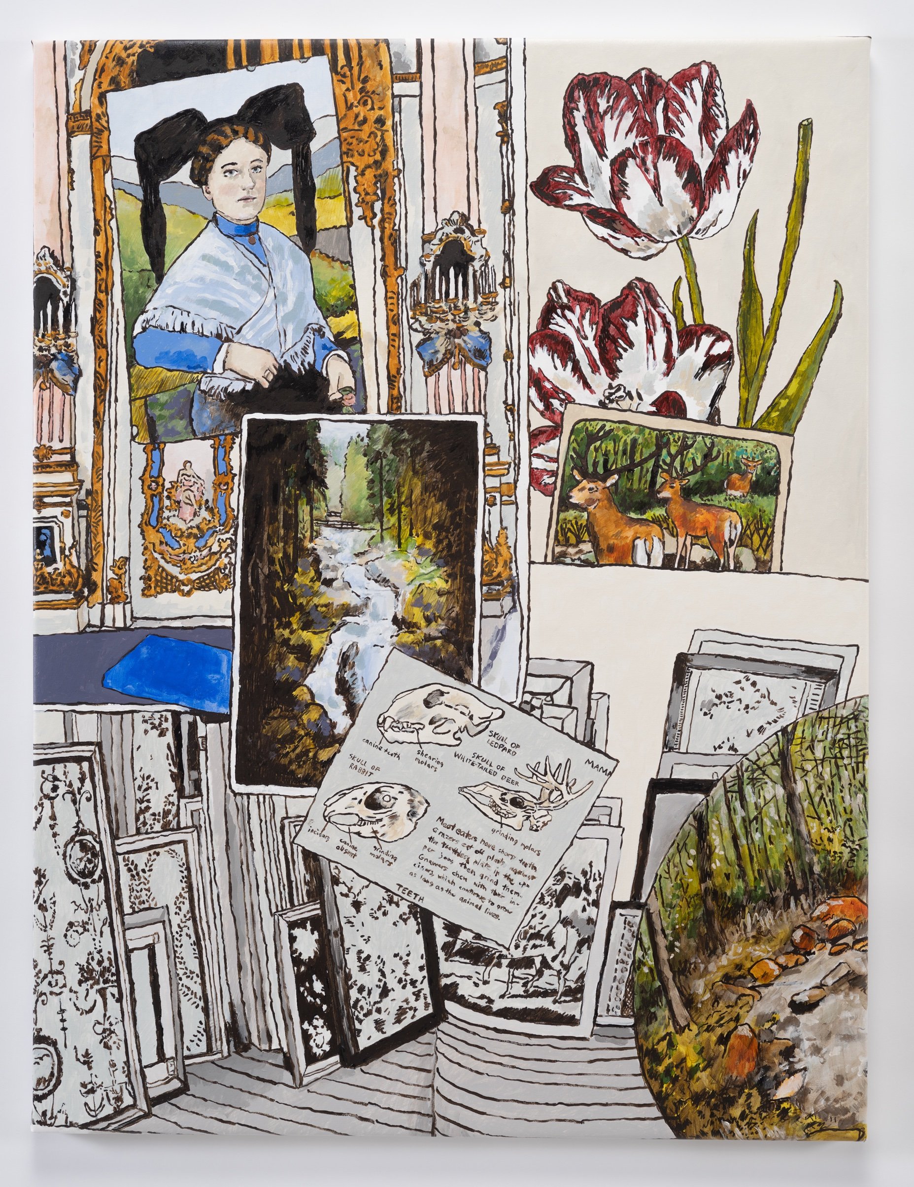 Black Forest, Tulips, Raid the Icebox Interior, Costume with Bow and Skulls / 2023 / acrylic on canvas / 50 x 38 in