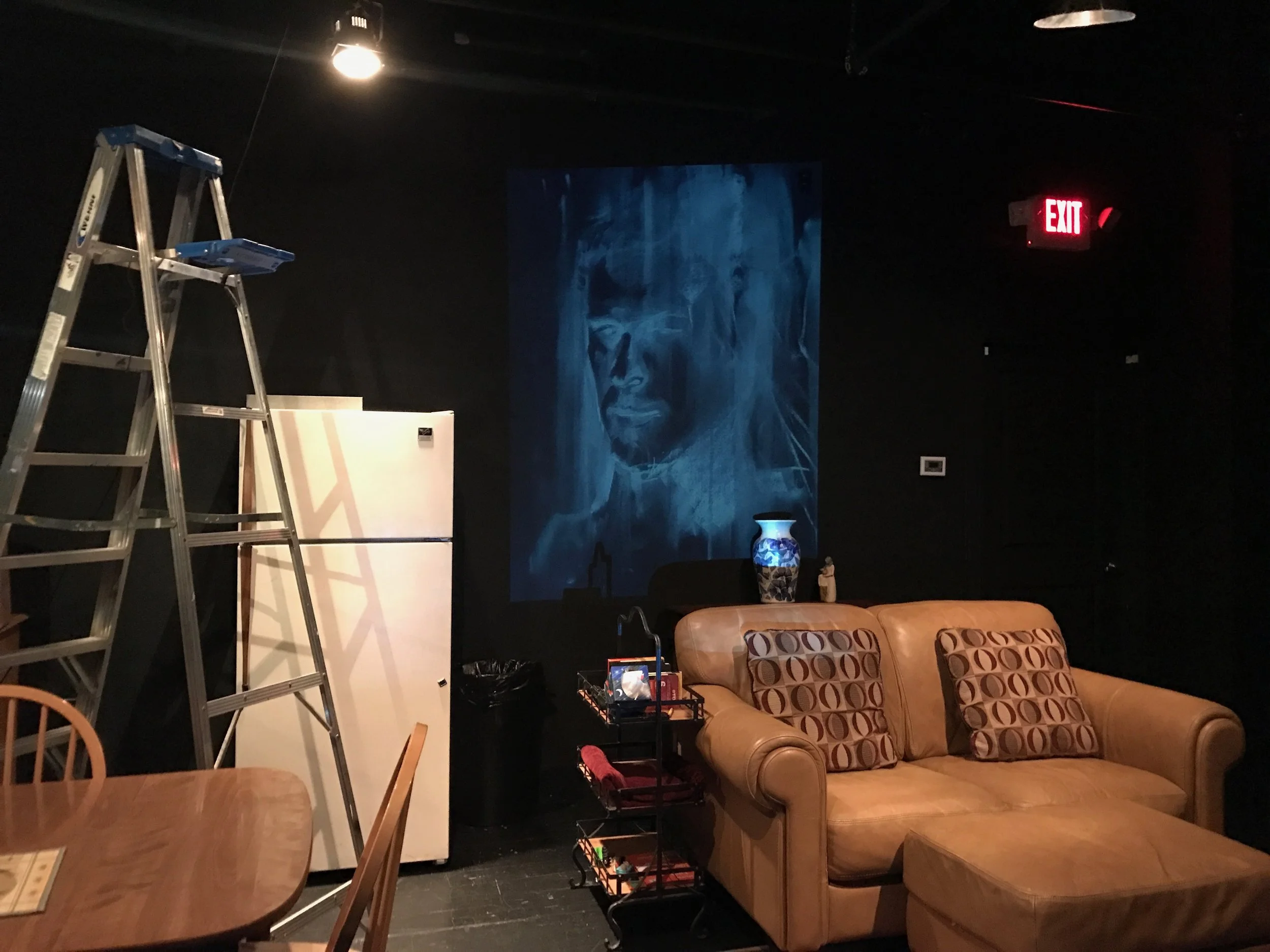 As a proof of concept, we slipped into the Black Box during the run of “Rabbit Hole” and projected a sample sketch against the back wall. It worked – thank god!