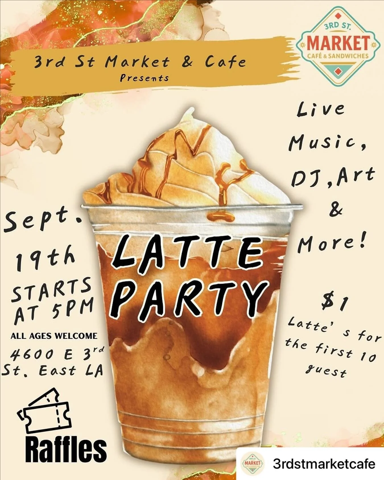 We will be live in the mix today @ 3rd St Market & Cafe. Come out and get your Latte!
#Repost: @3rdstmarketcafe Hey everyone! Our Latte Party this Friday. See you there ✨