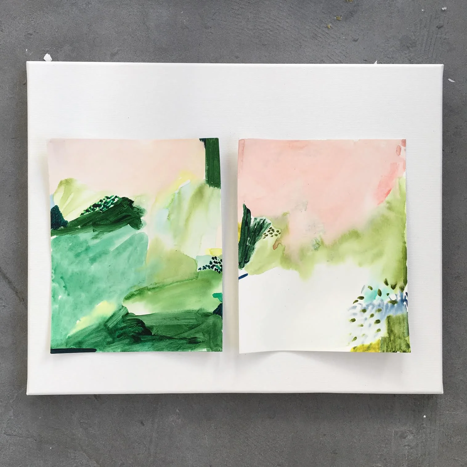 'Summer Walk' and 'Let's sit here' watercolour and acrylic on paper