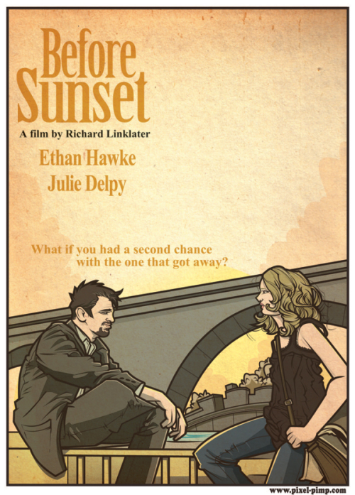 This ONE of FOUR movie posters I’m designing, while trying out some new styles. I’m doing There Will Be Blood, Taxi Drive, Bad Boys, and this one is Before Sunset 2004 ( A Richard, Linklater film: Scanner Darkly, Dazed and Confused ) . I tried to experiment with a less cartoonish style than I’m accustomed to, and go for a more pastel and conservative look, given the nature of the subject matter The Plot of Before Sunset (which is the sequel t o Before Sunrise 1995 ): Jesse, a writer from the US, and Celine, a Frenchwoman working for an environment protection organization, acquainted nine years ago on the train from Budapest to Vienna, meet again when Jesse arrives in Paris for a reading of his new book. As they have only a few hours until his plane leaves, they stroll through Paris, talking about their experiences, views and whether they still love each other, although Jesse is already married with a kid. The movie is a basically is one long conversation that would fall in the romantic comedy category, so I approached it as such. Here is the fruit of my labor. Thanks for watching. – Joshua Hooper