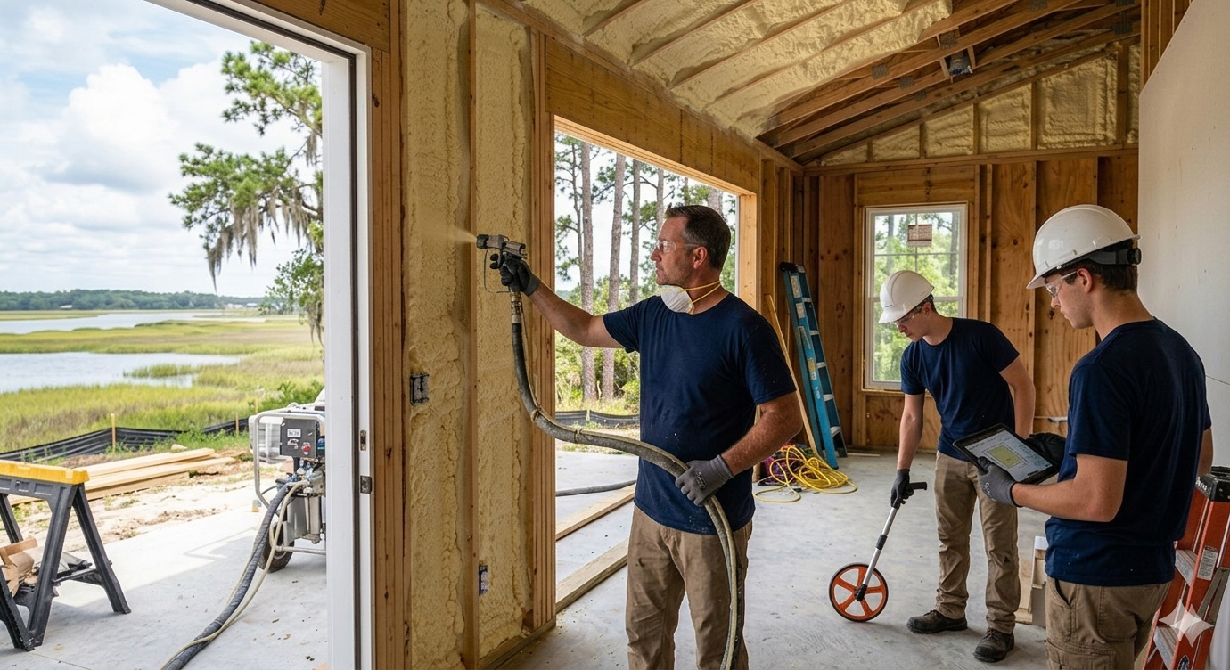 Three workers installing spray foam insulation inside a wood-framed house, with one spraying while others measure and record data