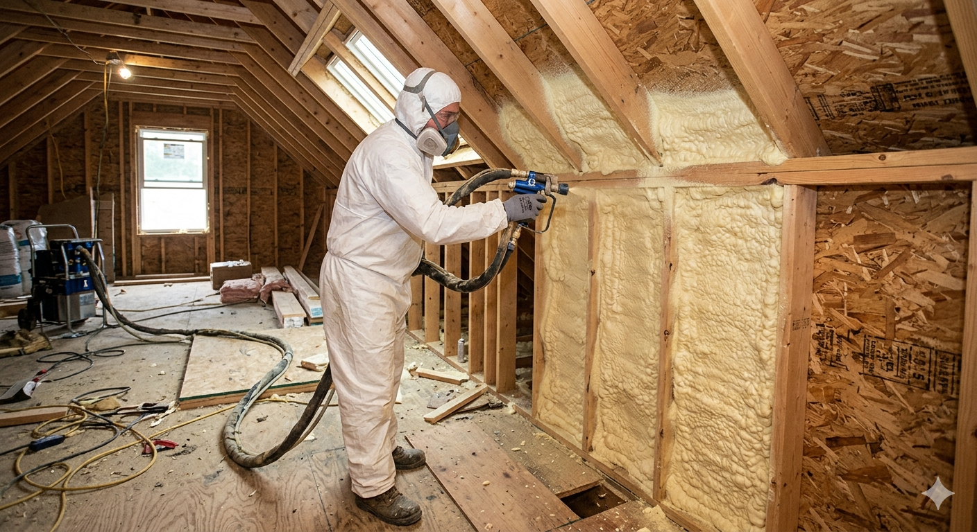 Worker in protective gear spraying foam insulation between wall studs inside an unfinished attic space