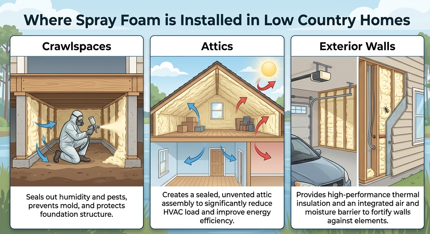 Infographic titled 'Where Spray Foam is Installed in Low Country Homes' showing crawlspaces, attics, and exterior walls with diagrams and benefits like moisture control, energy efficiency, and insulation.