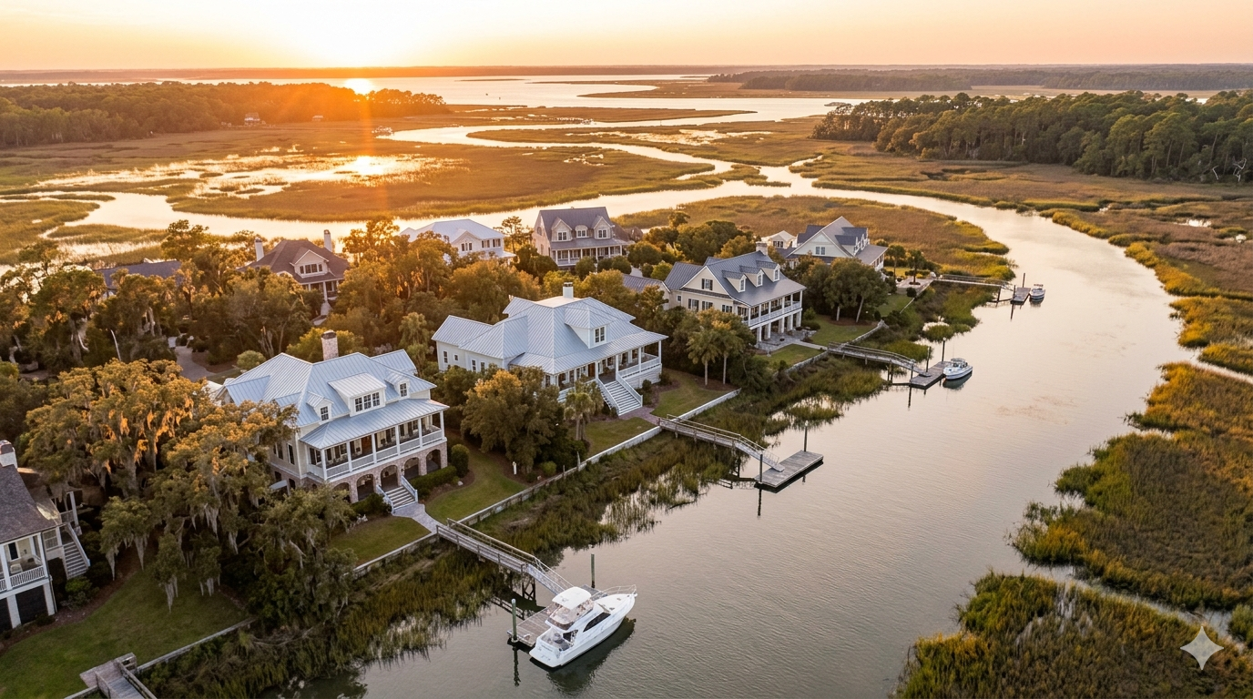 Aerial view of waterfront homes along a winding river at sunset, with docks, boats, and marshland stretching into the distance