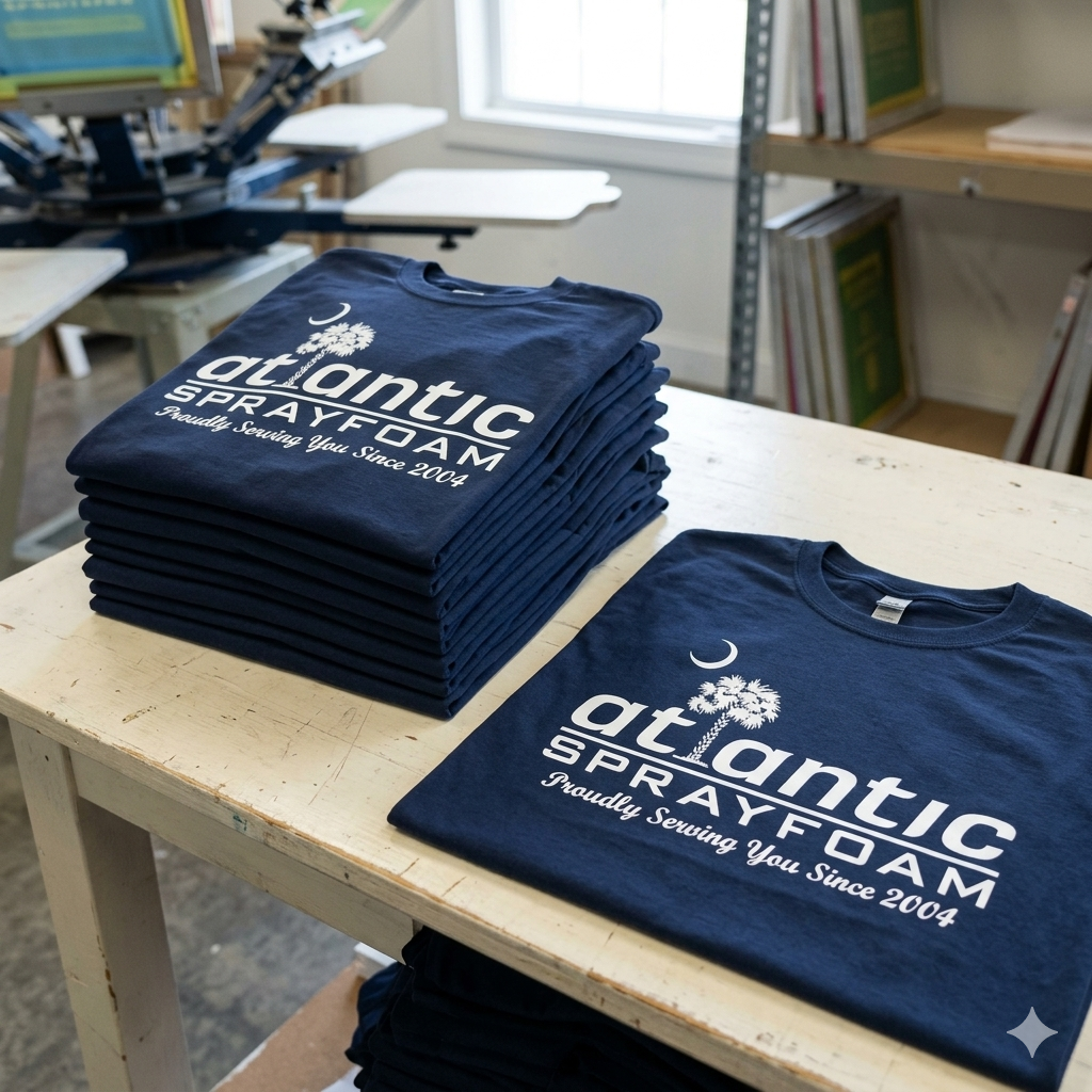 Stack of navy blue ‘Atlantic Spray Foam’ t-shirts on a worktable, with a visible logo reading ‘Proudly Serving You Since 2004’ in a print shop setting.