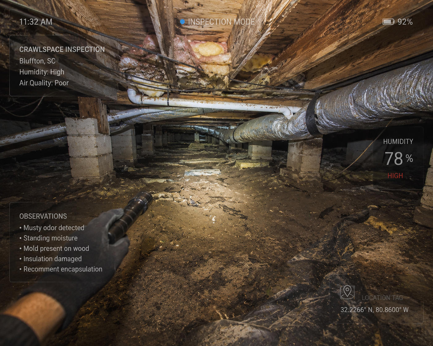 Musty crawlspace in Bluffton South Carolina with exposed floor joists.