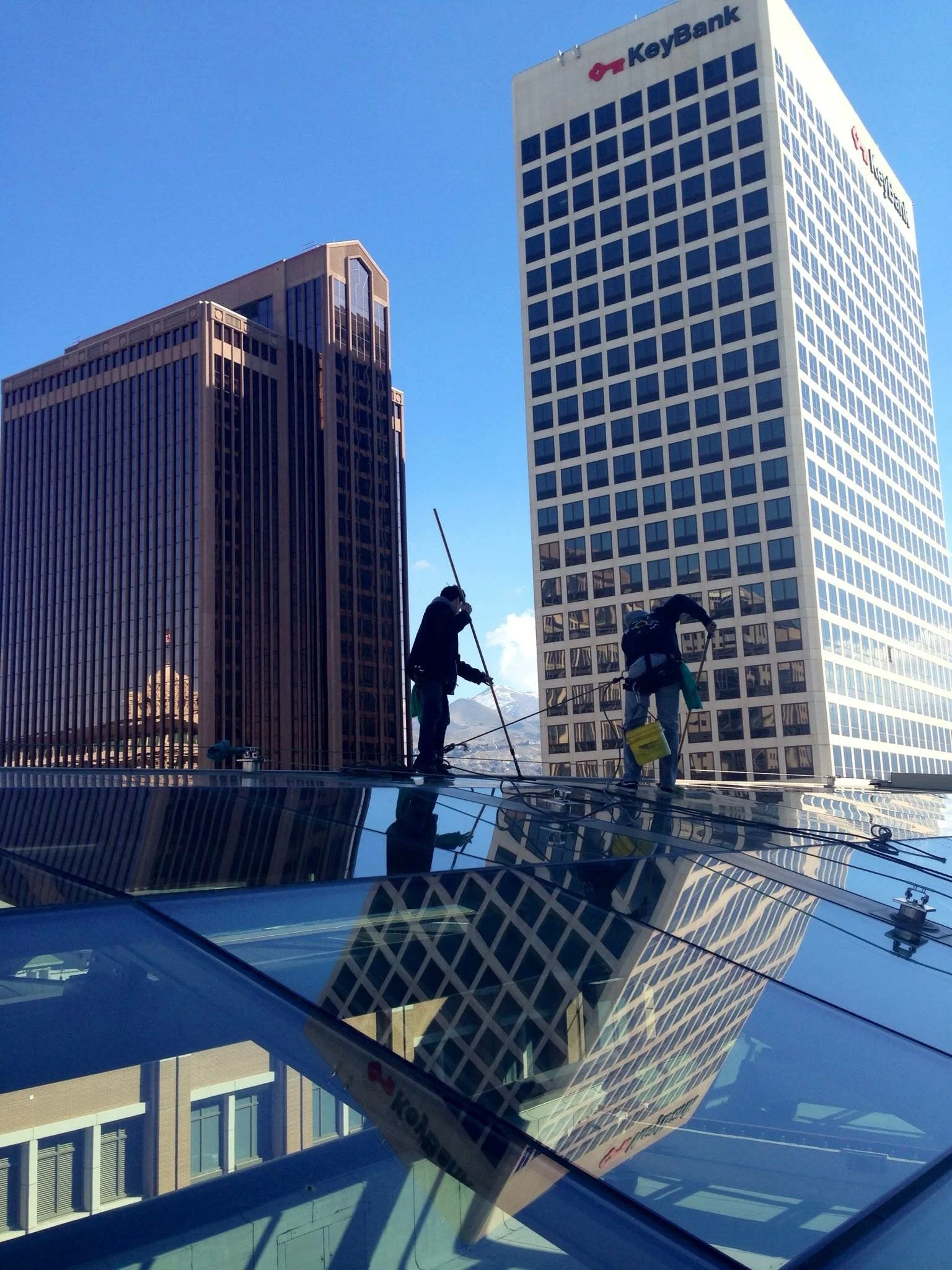 Clarity experts cleaning glass panel rooftop