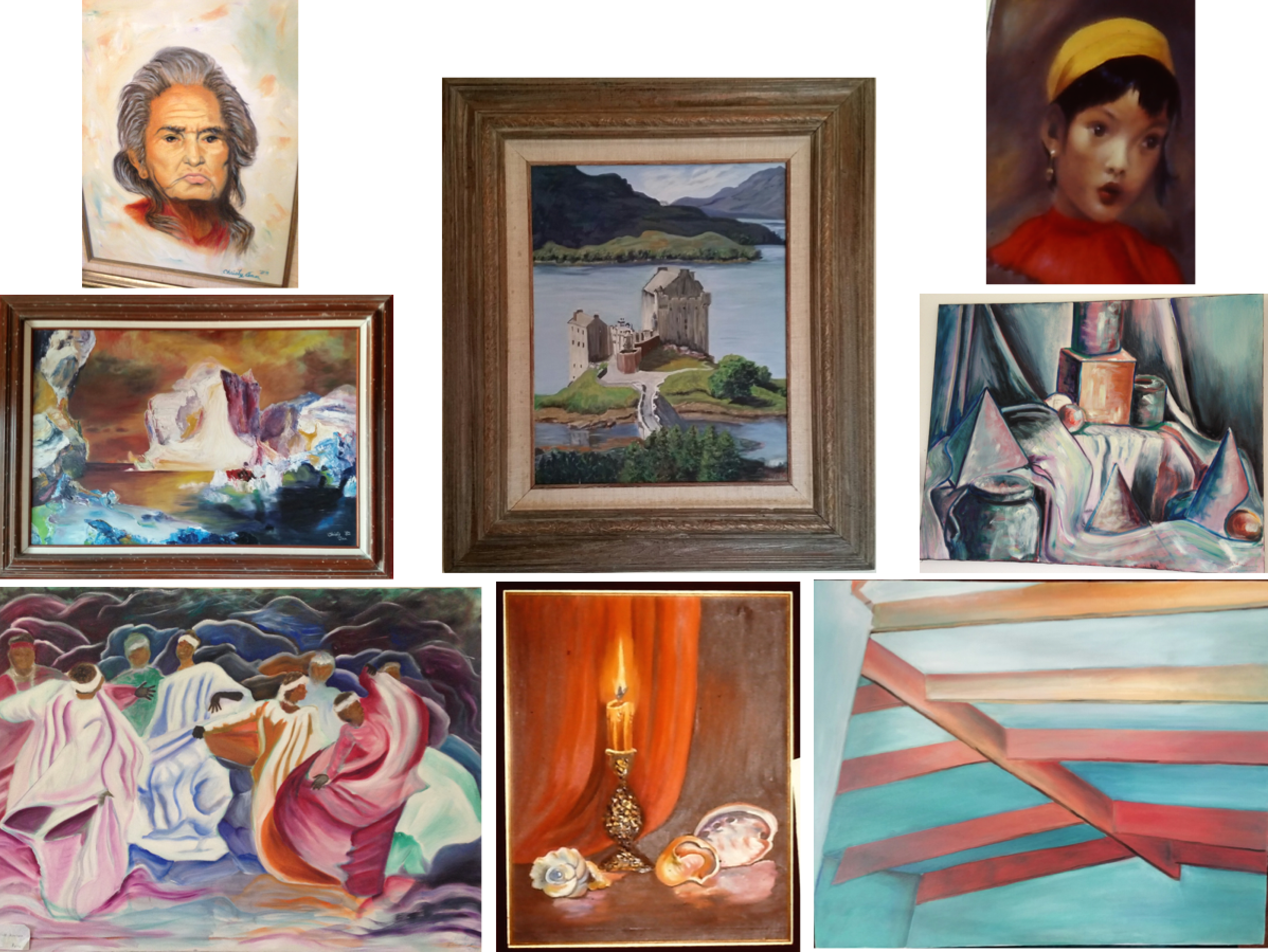 Left column: Chief Dan George, variation on Frederic Edwin Church's The Icebergs , and Native Rhythm by Christy Ann Watenpaugh Middle column: Eilean Donan Castle and Still life with shells and candle by Christy Ann Watenpaugh Right column: National Geographic cover portrait, Study in White, and Ceiling beams by Christy Ann Watenpaugh