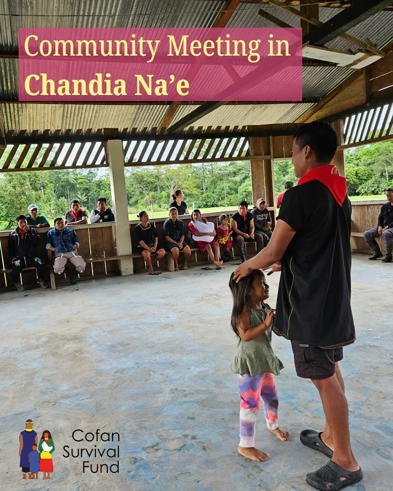 A graduate from the Cofan Higher Education Project, Carlos Descanse, leads a meeting in Chandia Na&rsquo;e, where he is updating our community members on territorial issues. After graduating from college with a degree in tourism, Descanse was elected