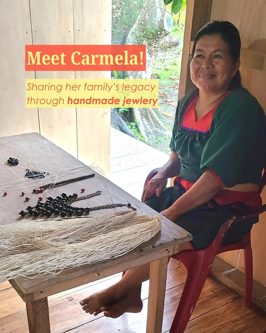 Here Carmela displays her work as she makes beautiful handmade jewelry. It is created using traditional techniques passed down through generations. She&rsquo;s excited to share this craft with her grandchildren, teaching them the cultural knowledge a