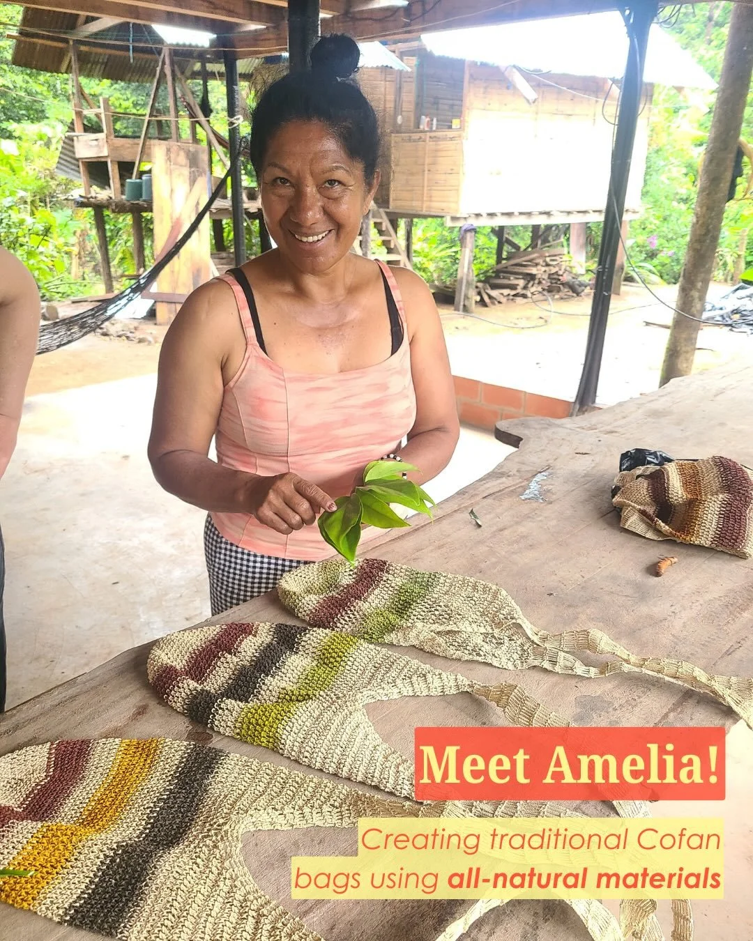 In these photos, Amelia Quenama shows the plants from the Lifeboat Garden Center that are used to make the colors in the traditional Cofan bag. The entire bag is made from natural materials, and they&rsquo;re made with no synthetic materials of any k