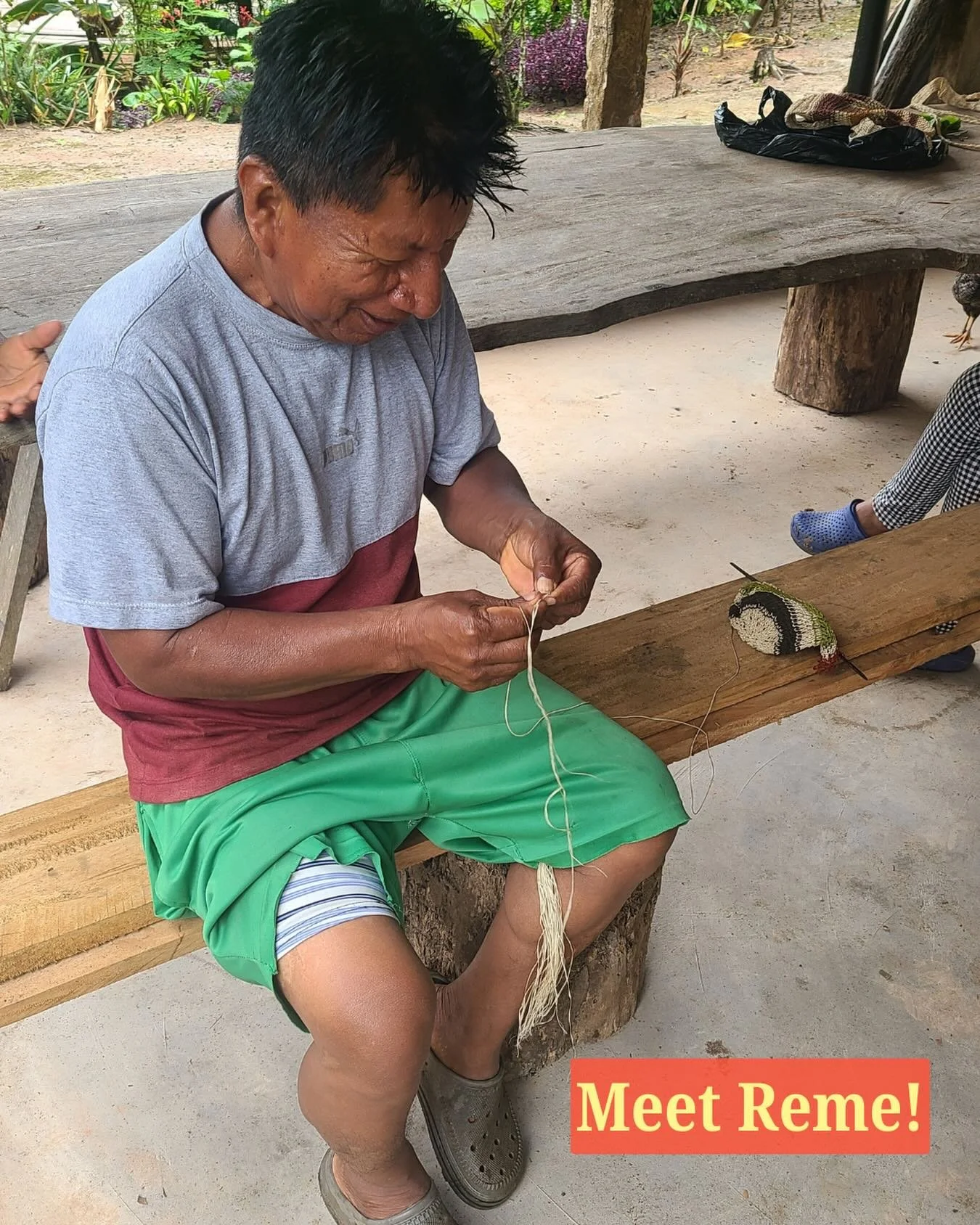 At the Lifeboat Garden Center, &ldquo;Reme&rdquo; demonstrates how to add more string to the bag he is making. The bag is made by rolling natural palm fibers together from a specific tree found throughout Cofan territory.

#cofan #cofansurvivalfund #