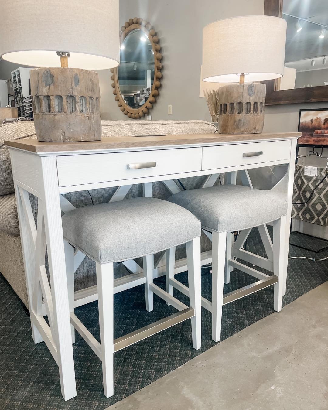 This Sofa Table Console is ready for delivery today! This piece comes equipped with 2 standard plugs and 2 USB ports, as well as two drawers for storage! This console piece sits as 52&rdquo; W x 18&rdquo; D x 36&rdquo; H making it the perfect size fo