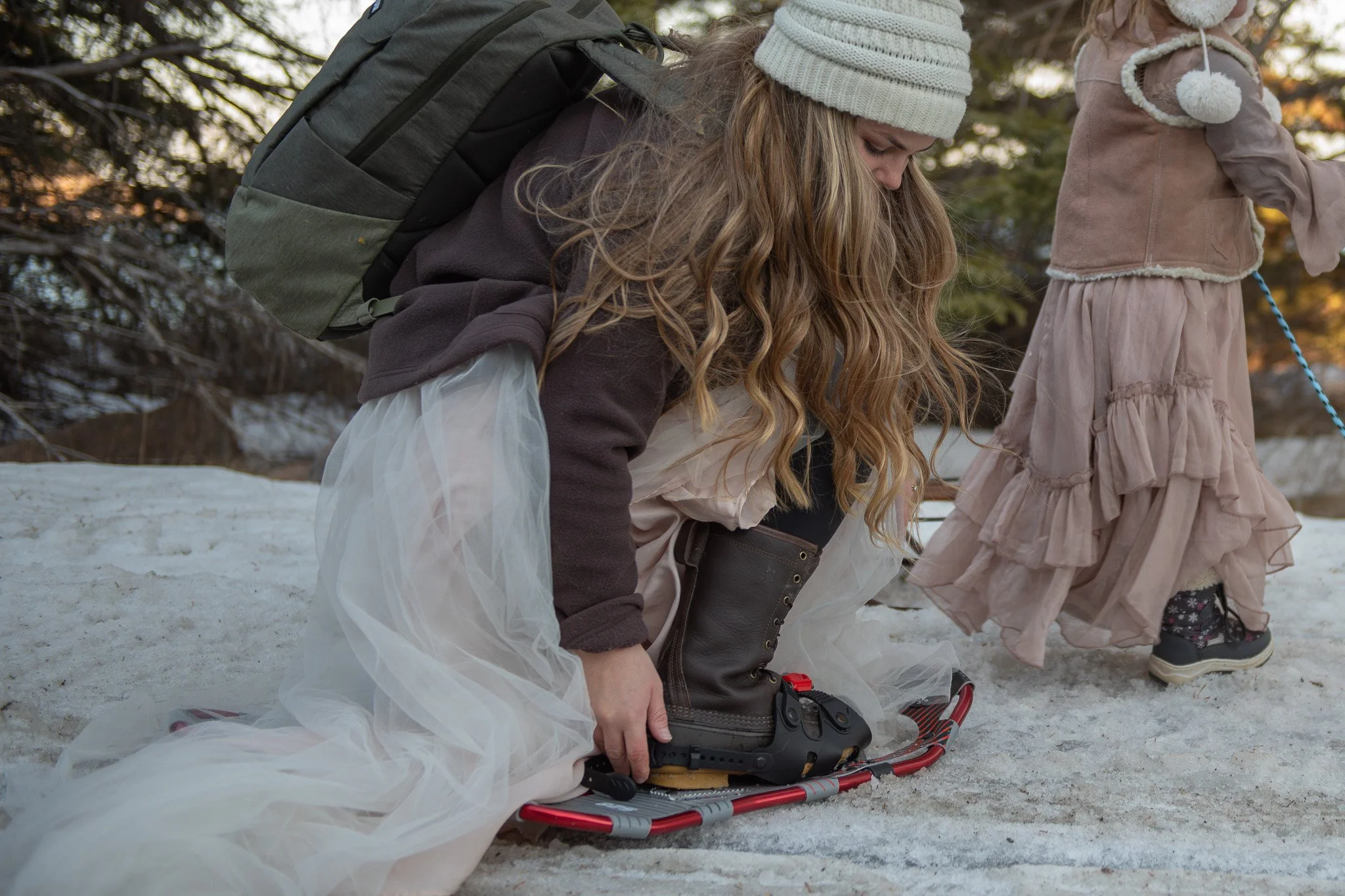 winter acadia elopement with snowshoes