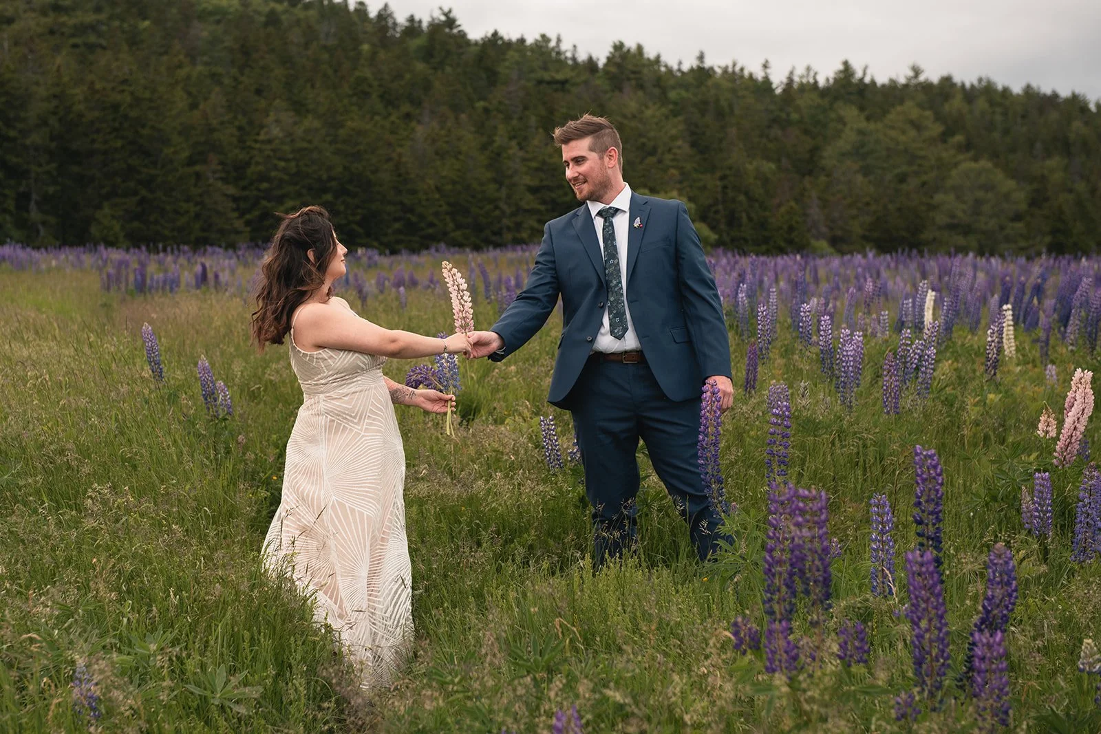 couple dancing in lupine field