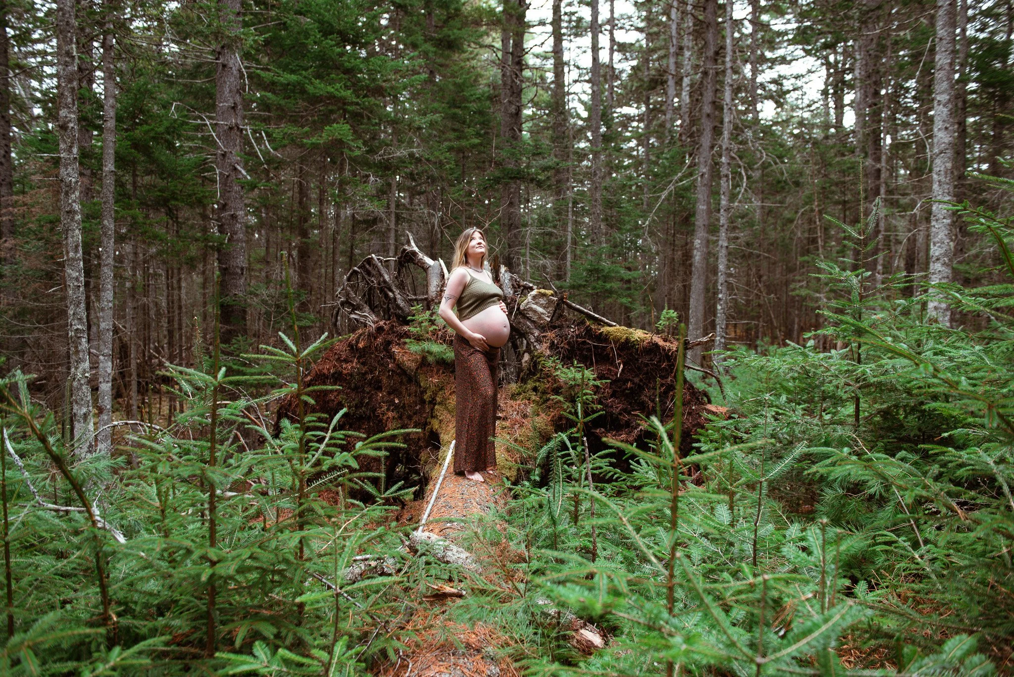 A pregnant woman standing on a fallen tree in a dense forest surrounded by green plants and tall trees.