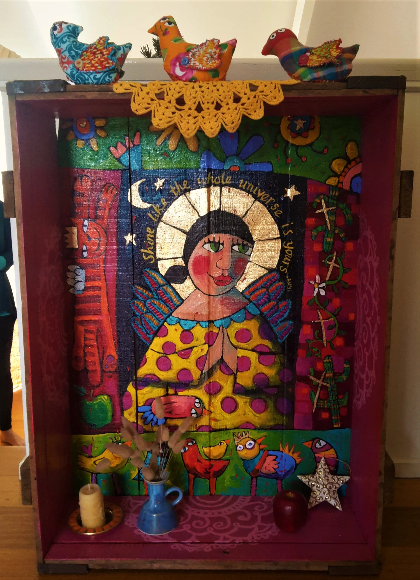 "Shiny shrine of the apple crate Madonna" by Sara Catena