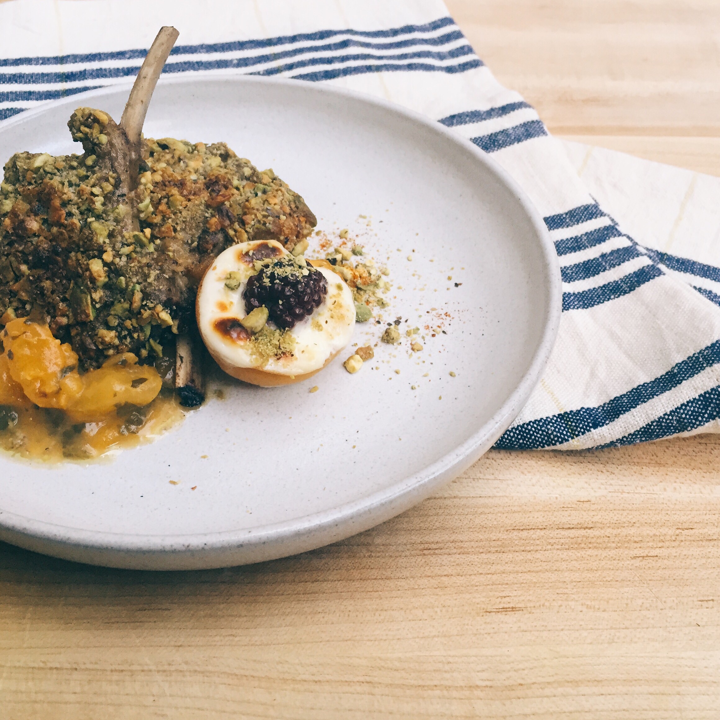 { Pistachio crusted lamb chop served with apricots two ways }