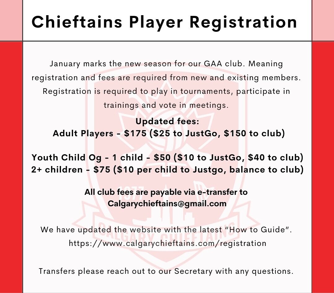 As a reminder that we have entered into a new year, our clubs season has started again meaning every new and existing member will need to register again. 

Please ensure to pay JustGo directly and then e-transfer the club at calgarychieftains@gmail.c