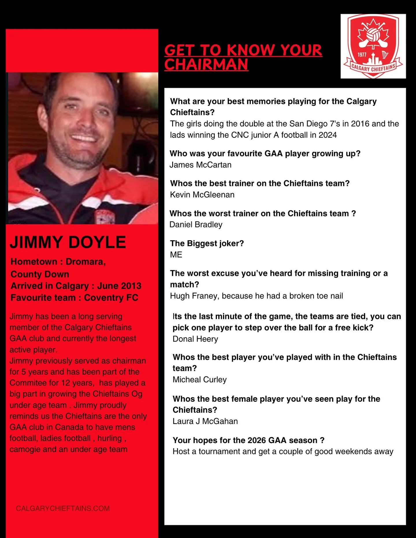 Get to know your new Calgary chieftains Chairman , some of you know him already &hellip;Jimmy Doyle 
Never short for words is jimmy