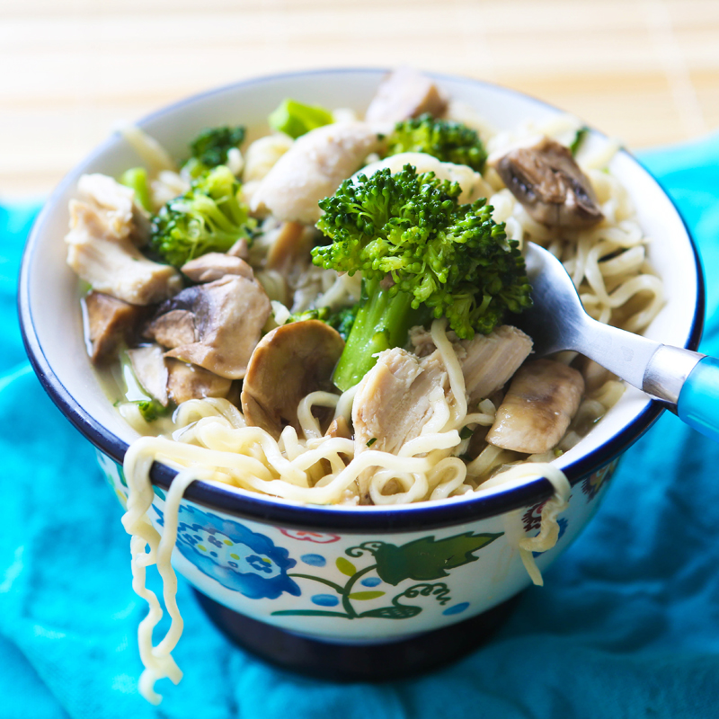 bowl full of chicken mushroom and broccoli ramen noodle recipe