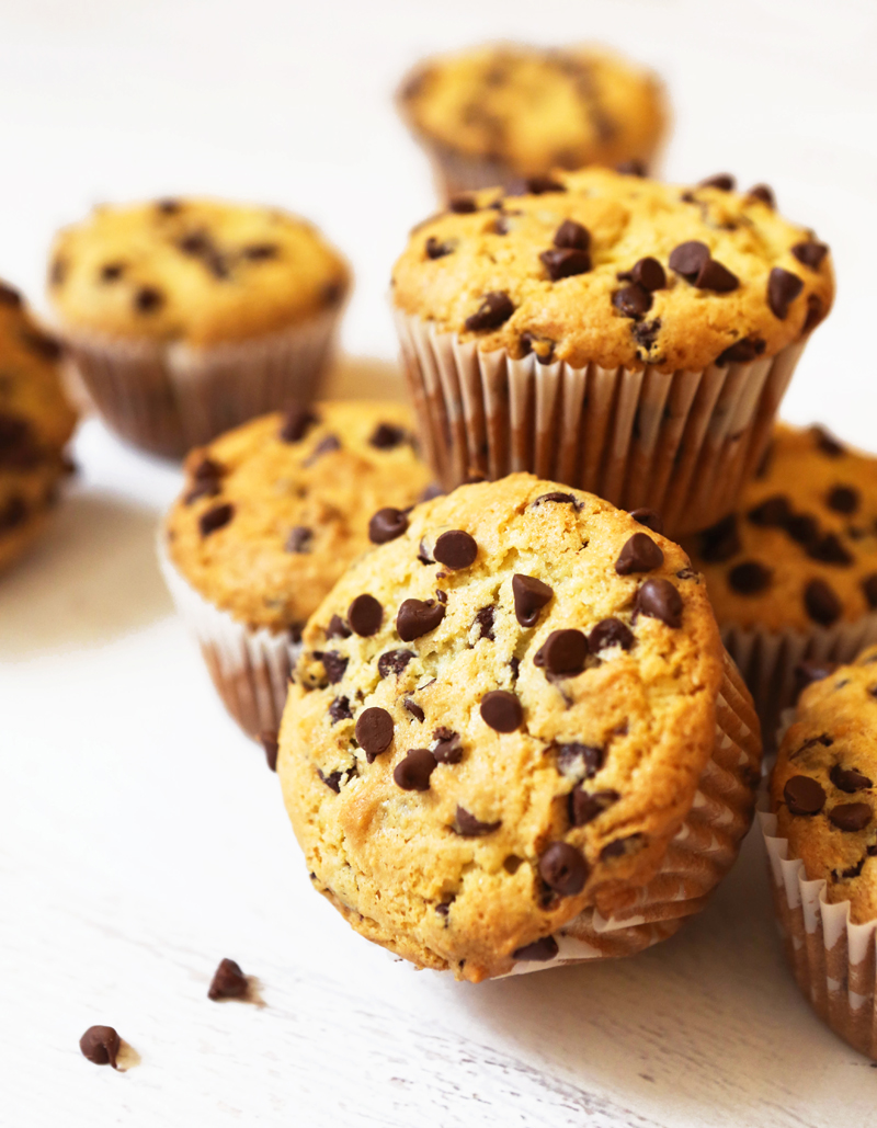 stack of easy chocolate chip muffins on a counter