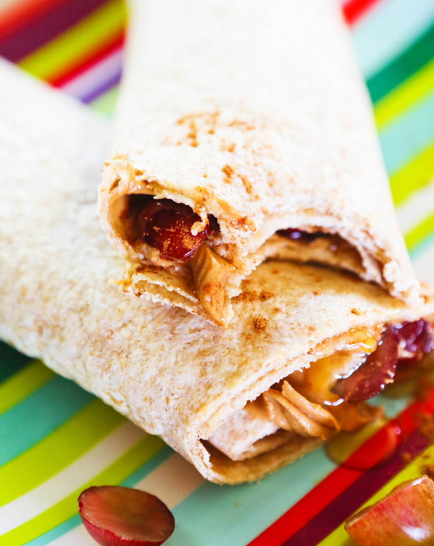 peanut butter honey grape wraps stacked.