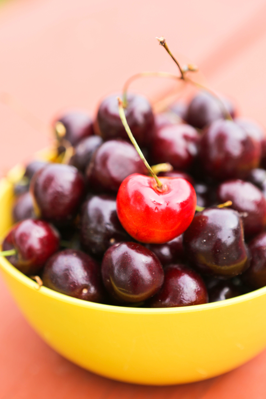 Close up of a bowl of cherries. 