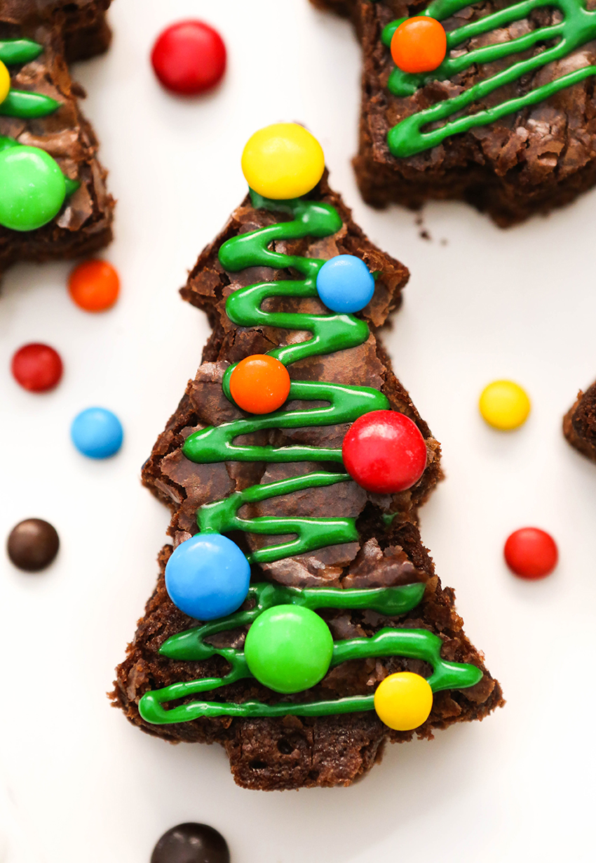 close up of a christmas tree brownies decorated with green frosting