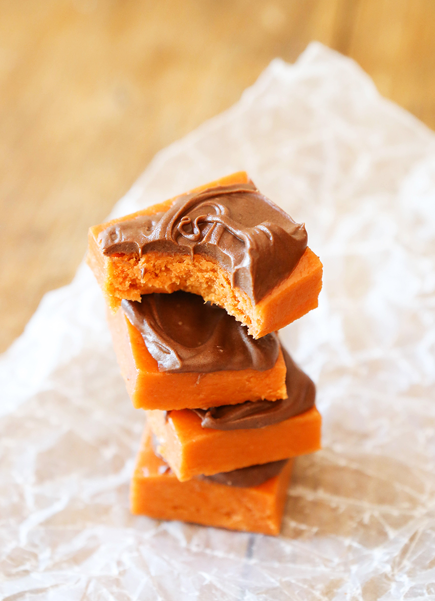 stack of square cut chocolate covered butterfinger bites