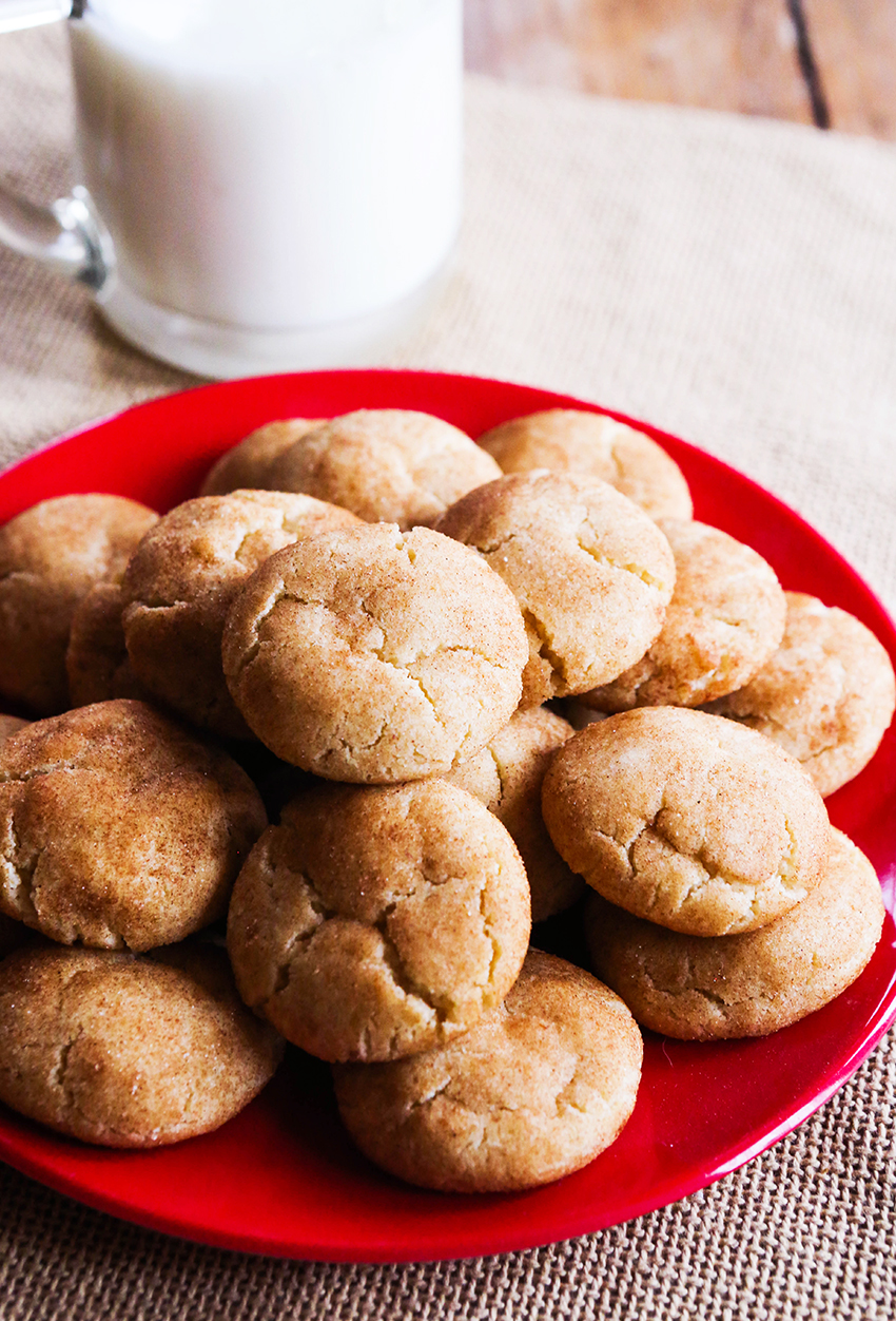 red serving plate filled with snickerdoodles