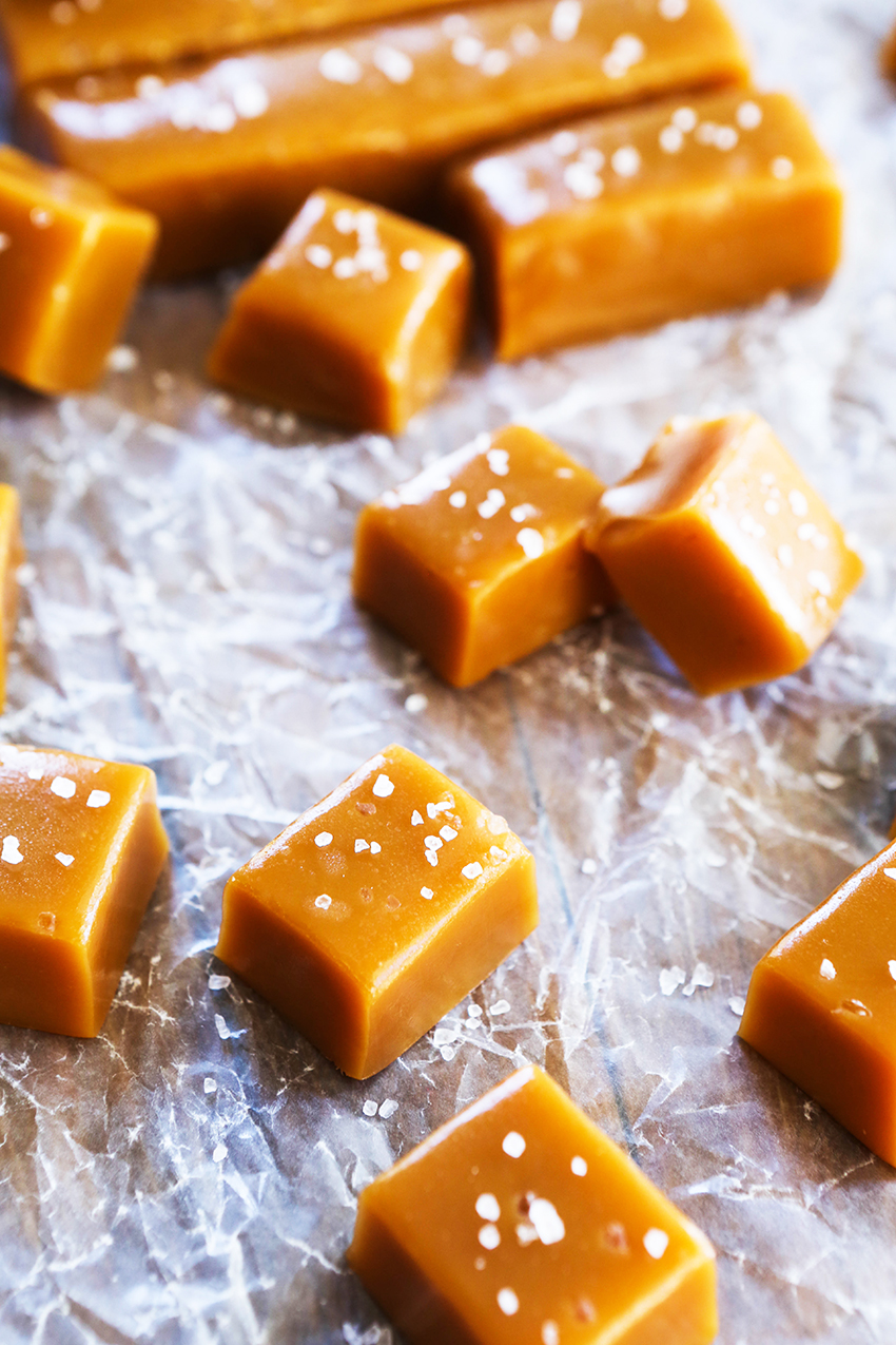 close up of bourbon caramels sprinkled with salt