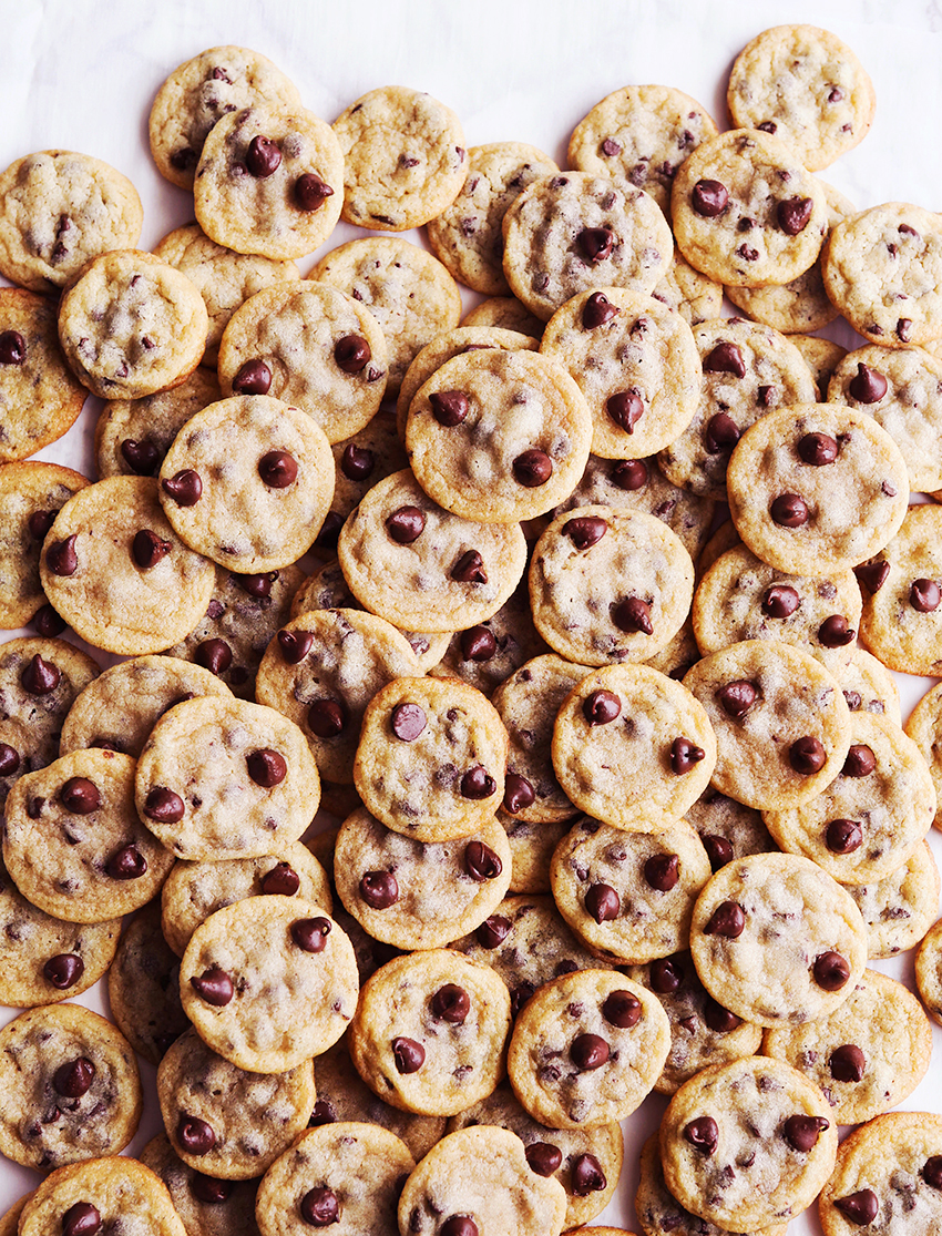 looking down on a massive pile of mini chocolate chip cookies