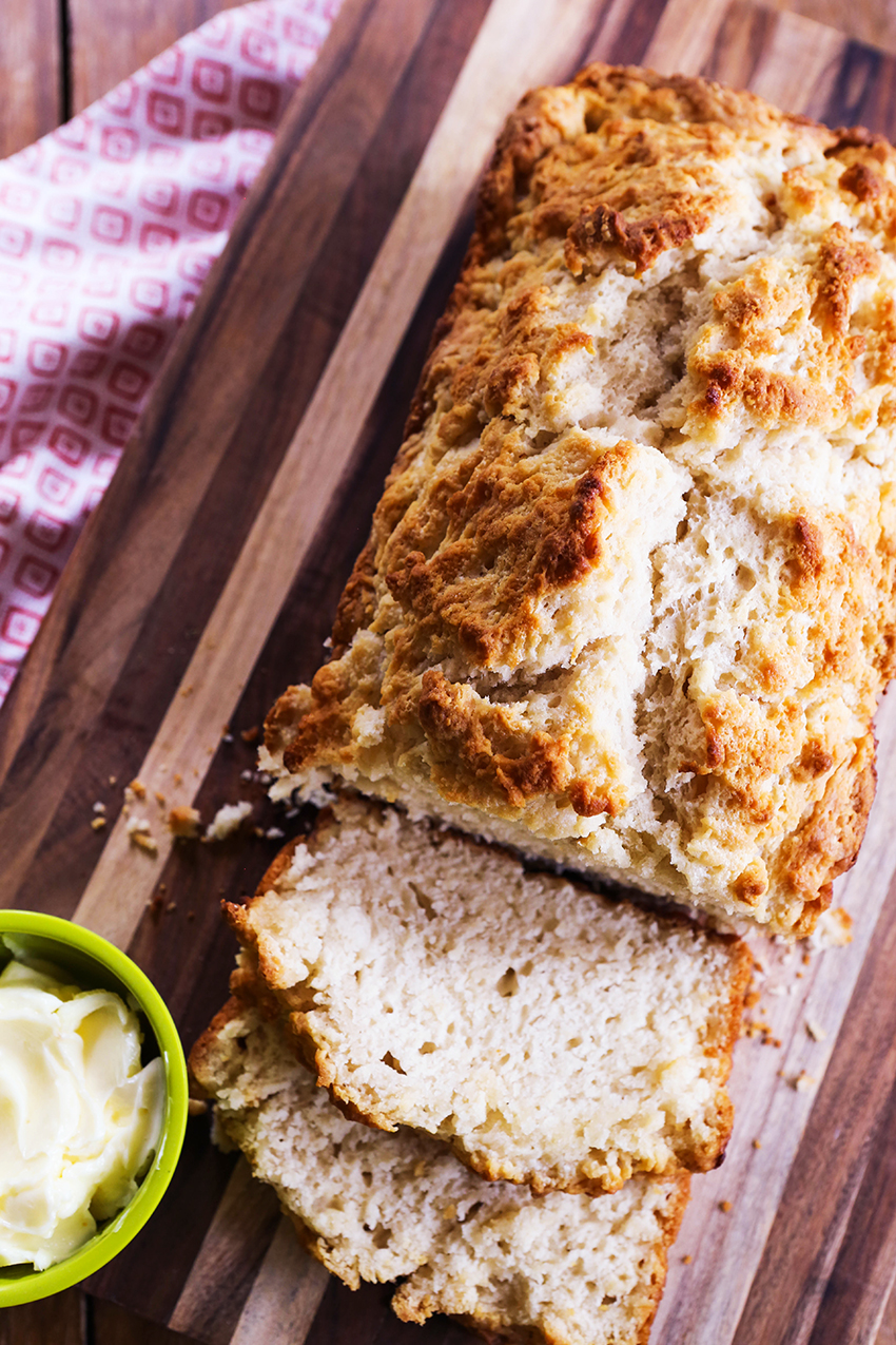 Top view of beer bread no yeast on a cutting board