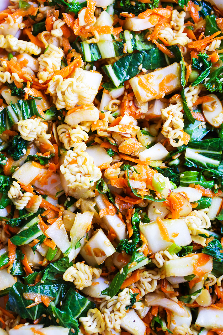 super close up of ramen and kale and other salad ingredients