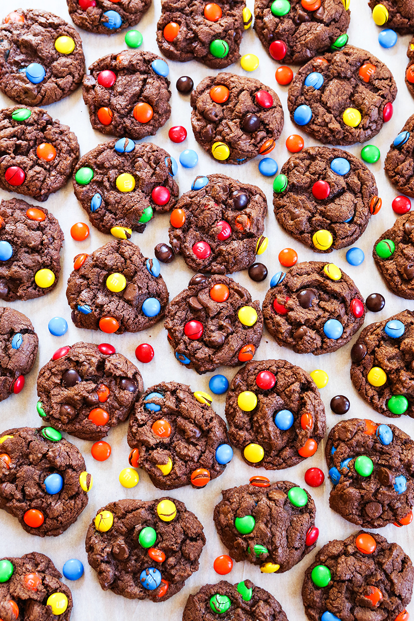 top view of lots of chocolate cookies with M&M's pressed into them